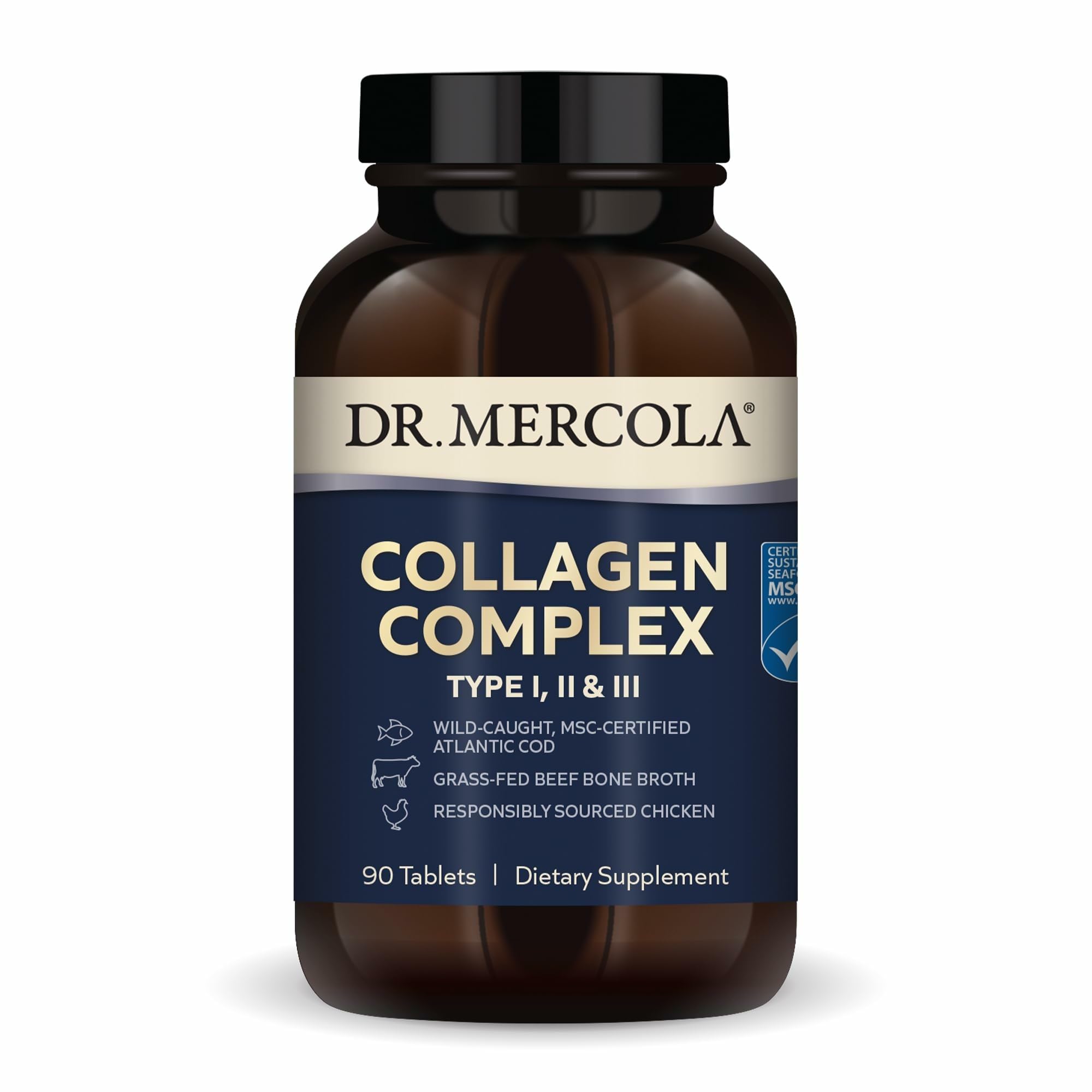 Bouteille Dr. Mercola Collagen Complex prête à soutenir la peau et les tissus conjonctifs.