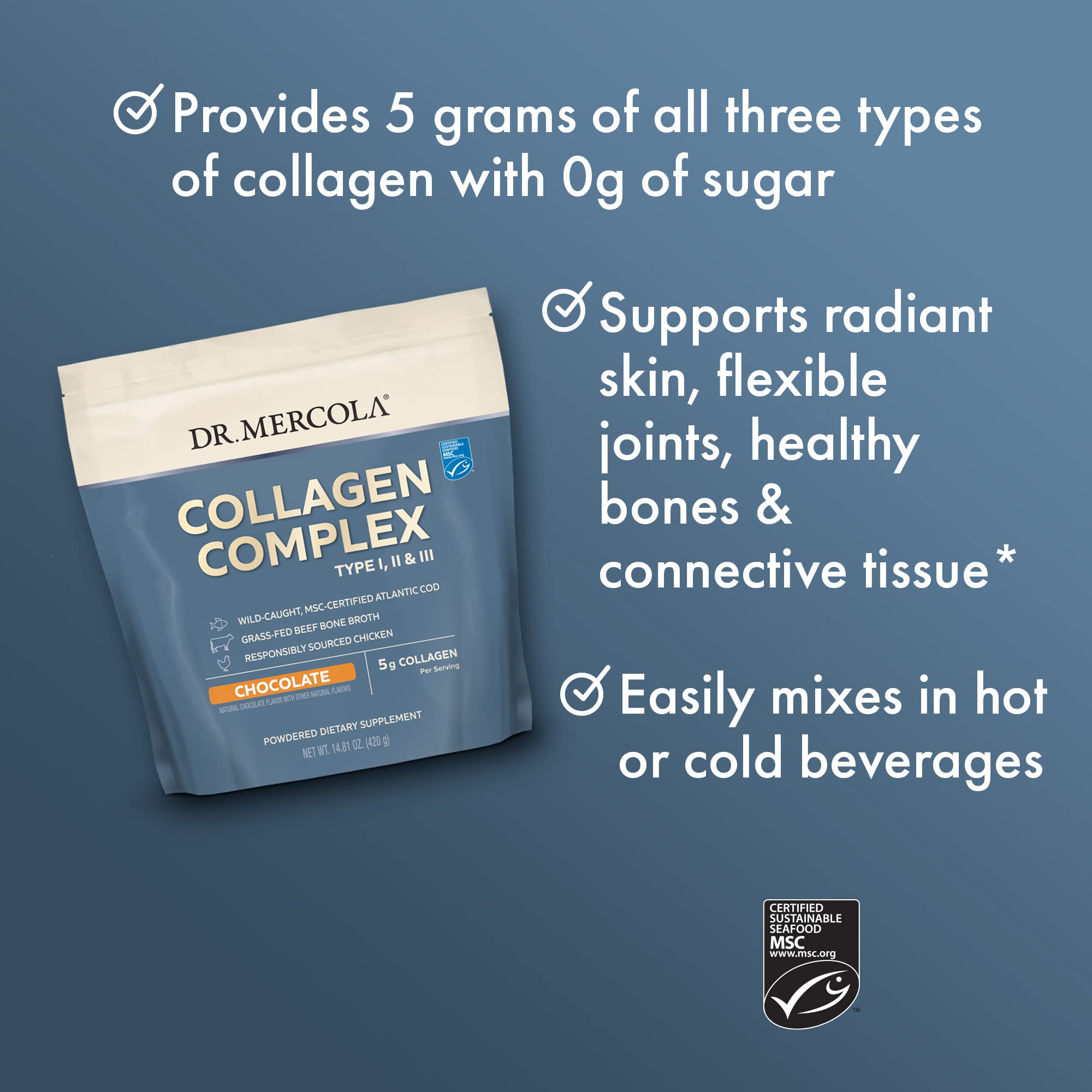 Poudre Collagen Complexe Dr. Mercola se mélange aussi bien dans boisson froide.
