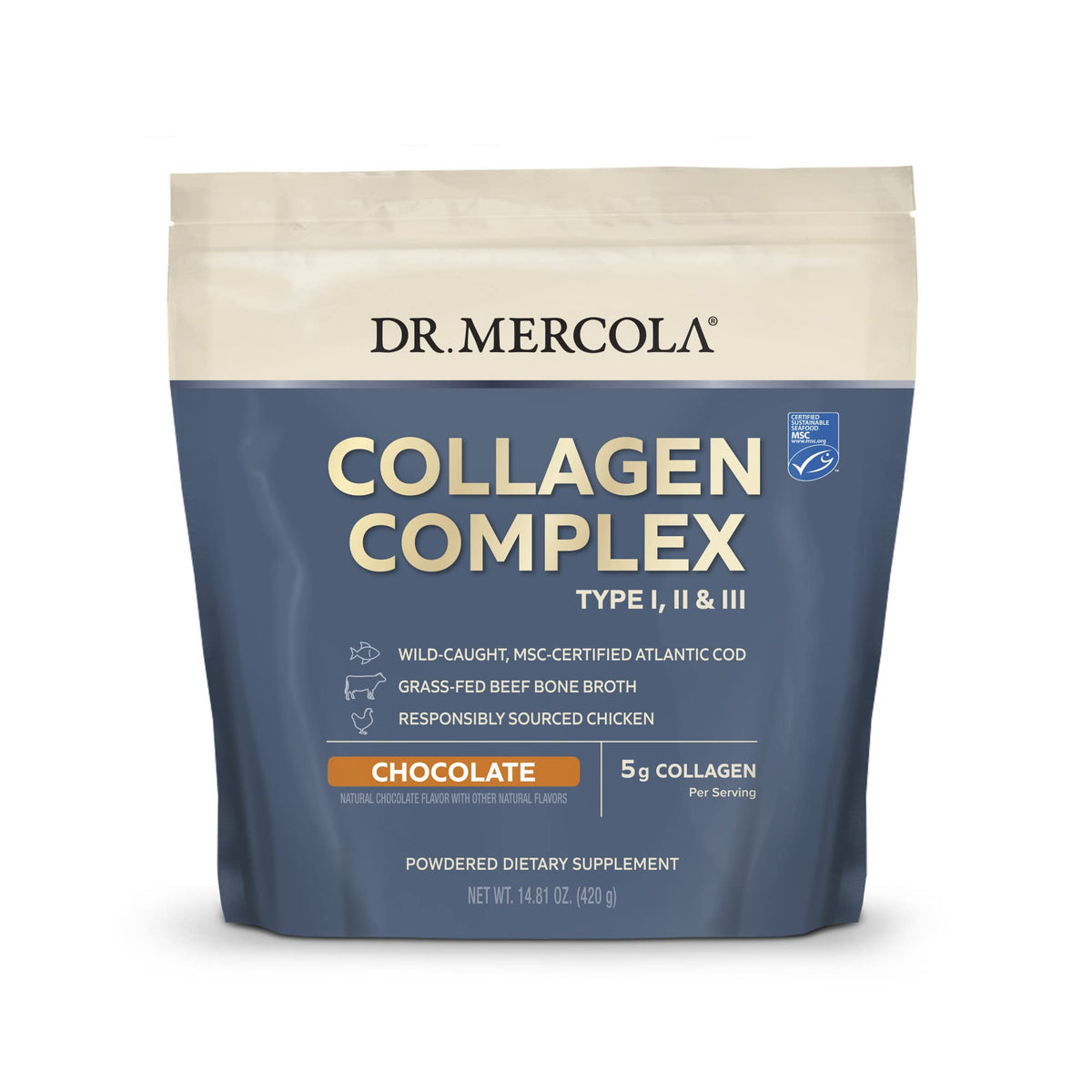 Dr. Mercola Collagen Complexe poudre, flacon, saveur vanille, pour soutenir l’élasticité de la peau.