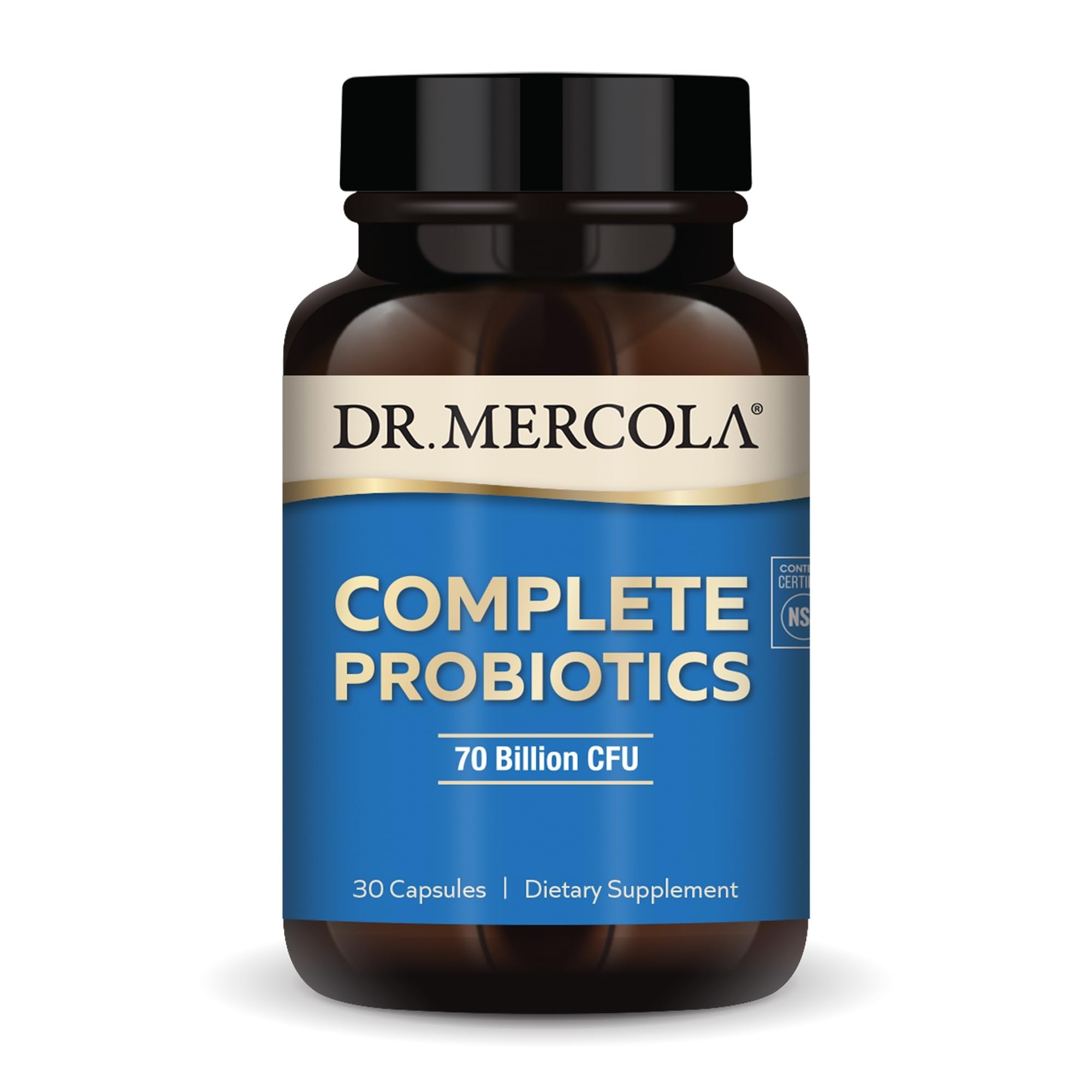 Dr. Mercola Complete Probiotics en bouteille, soutien digestif quotidien potentiel.