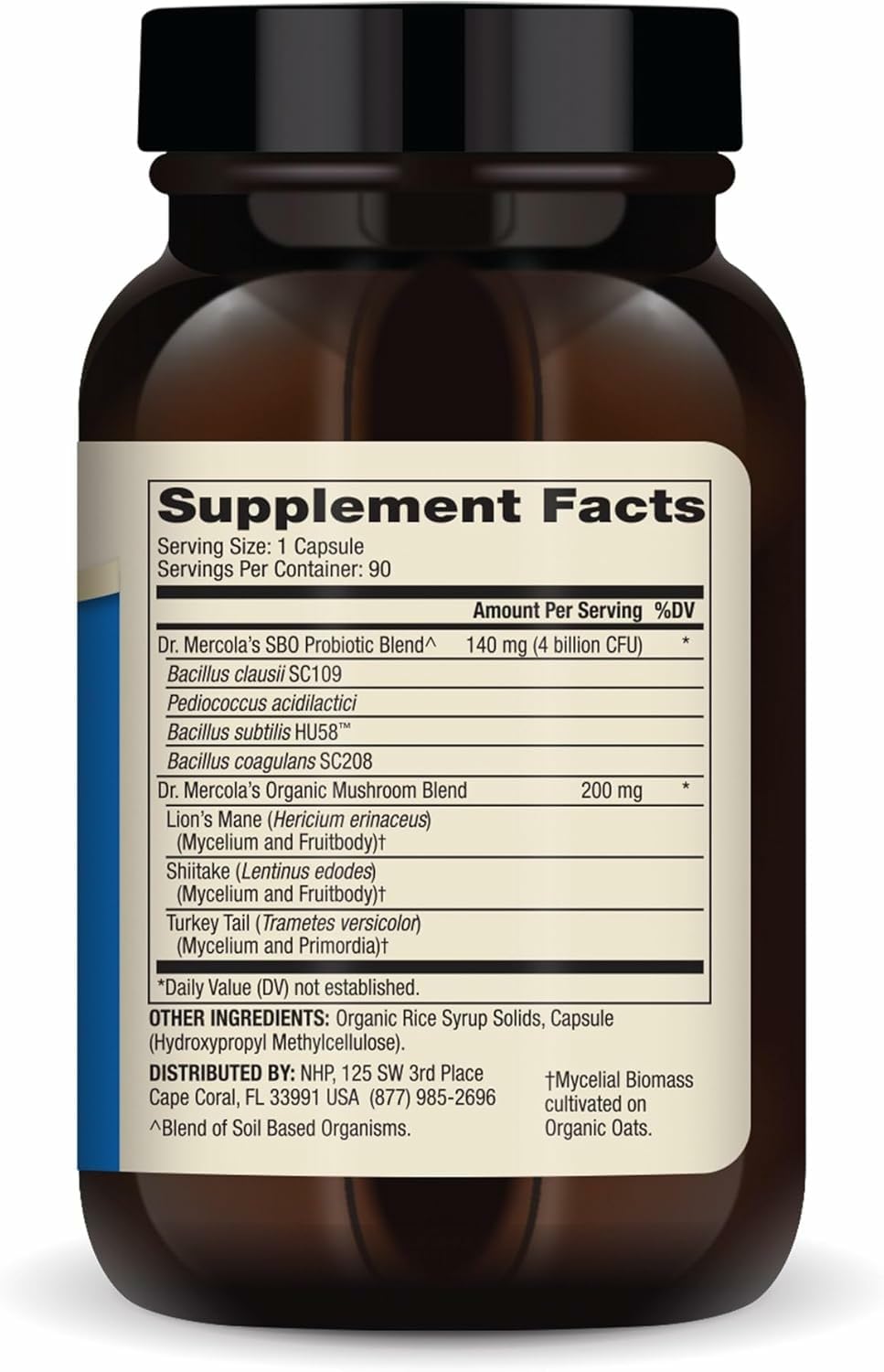 Étiquette Dr Mercola Probiotiques SBO affichant l’ingrédient et le dosage