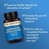 Emballage Dr. Mercola Complete Spore Restore avec design clair et écologique.