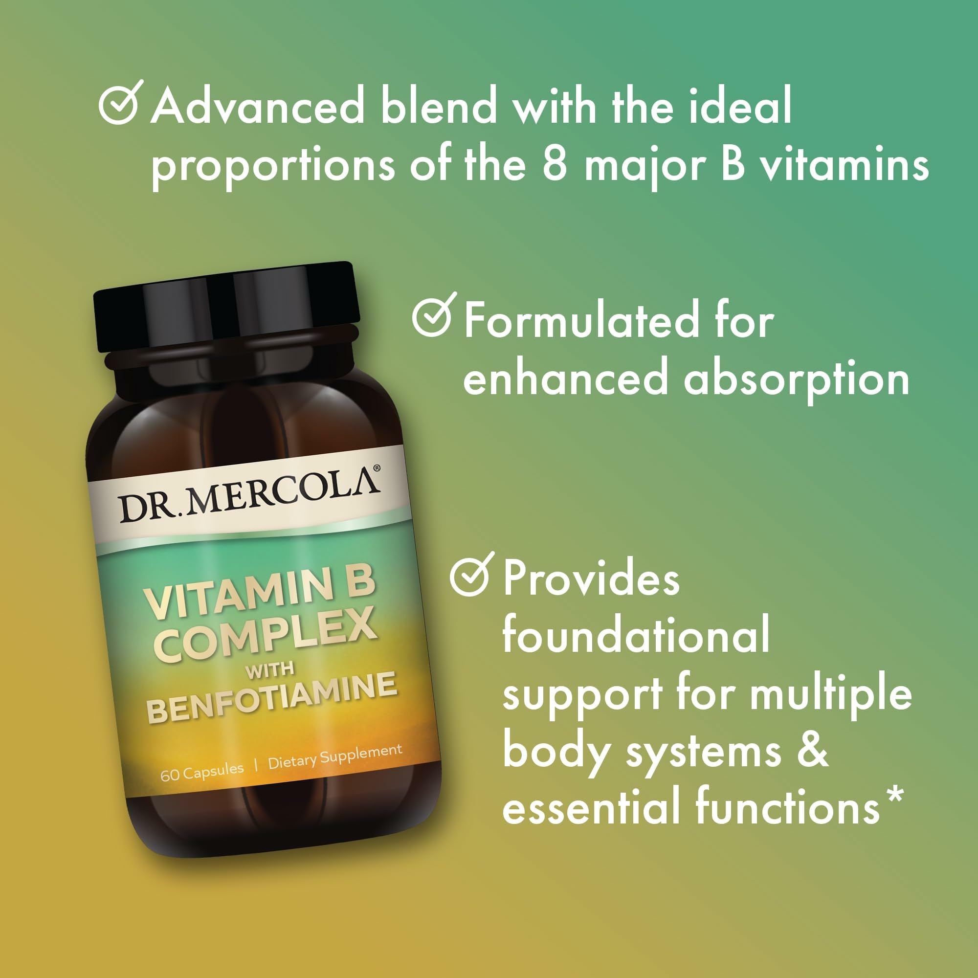 Emballage Dr. Mercola Complexe B Benfotiamine – emballage pratique pour accès facile.