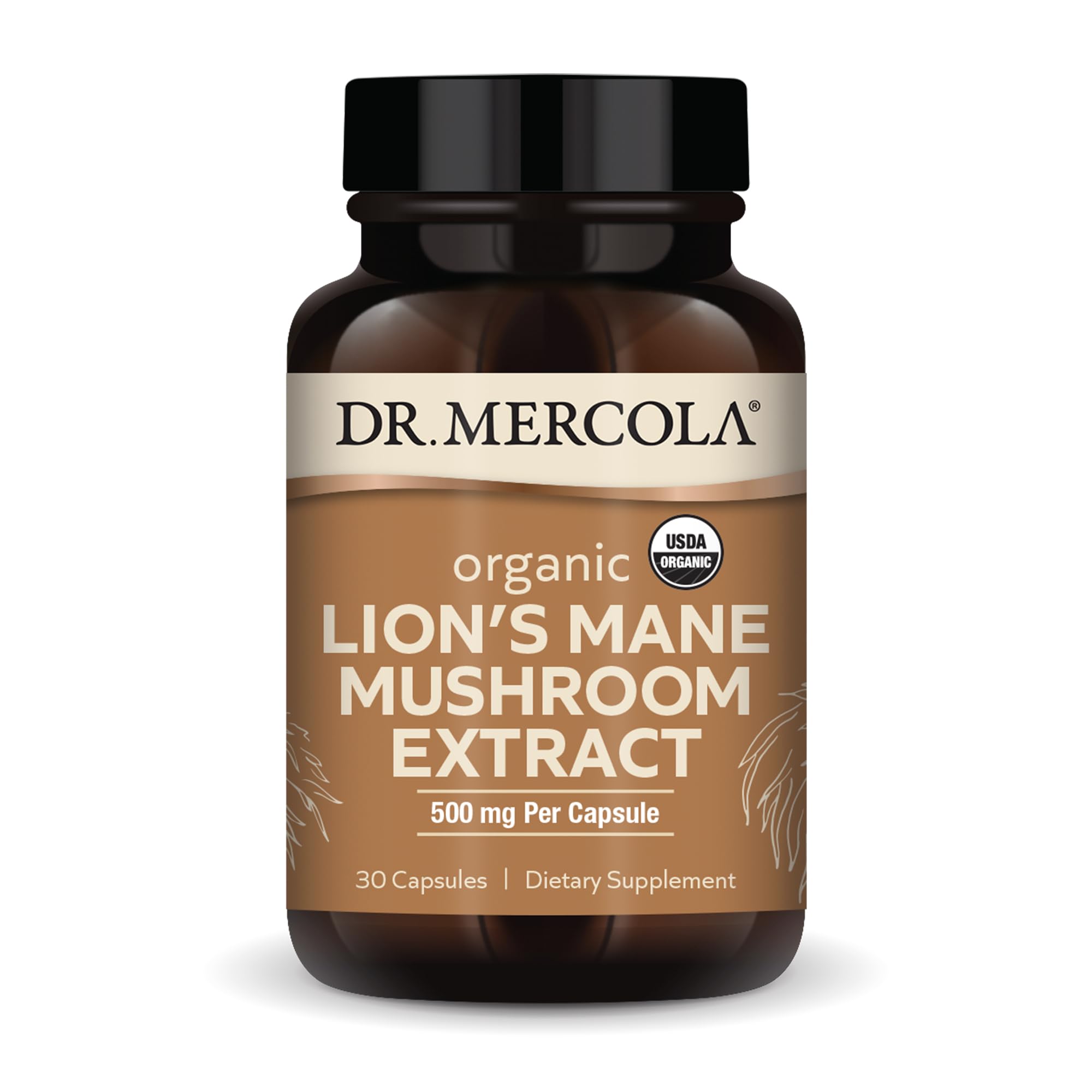 Dr Mercola Extrait de crinière de lion en bouteille, soutien cognitif potentiel.