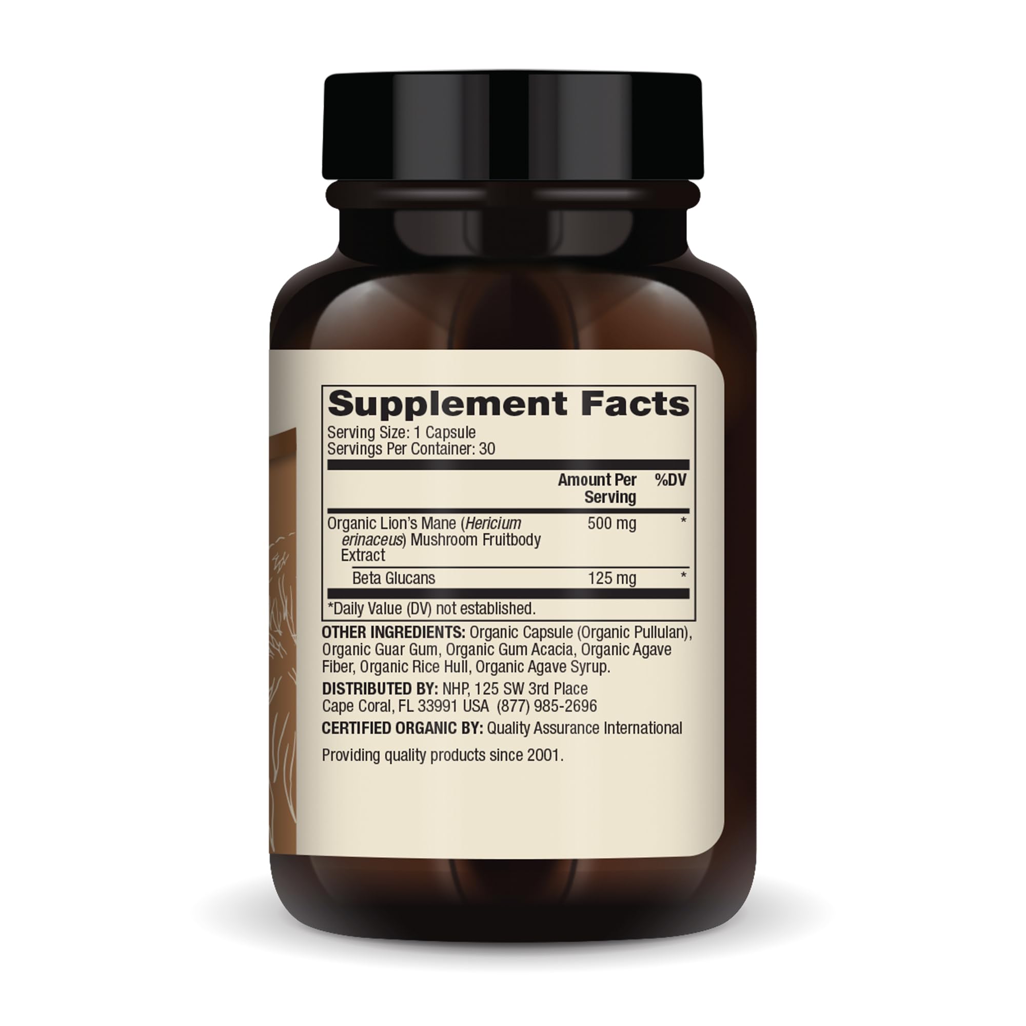 Étiquette Dr Mercola Extrait crinière de lion – dosage clair et ingrédients biologiques.