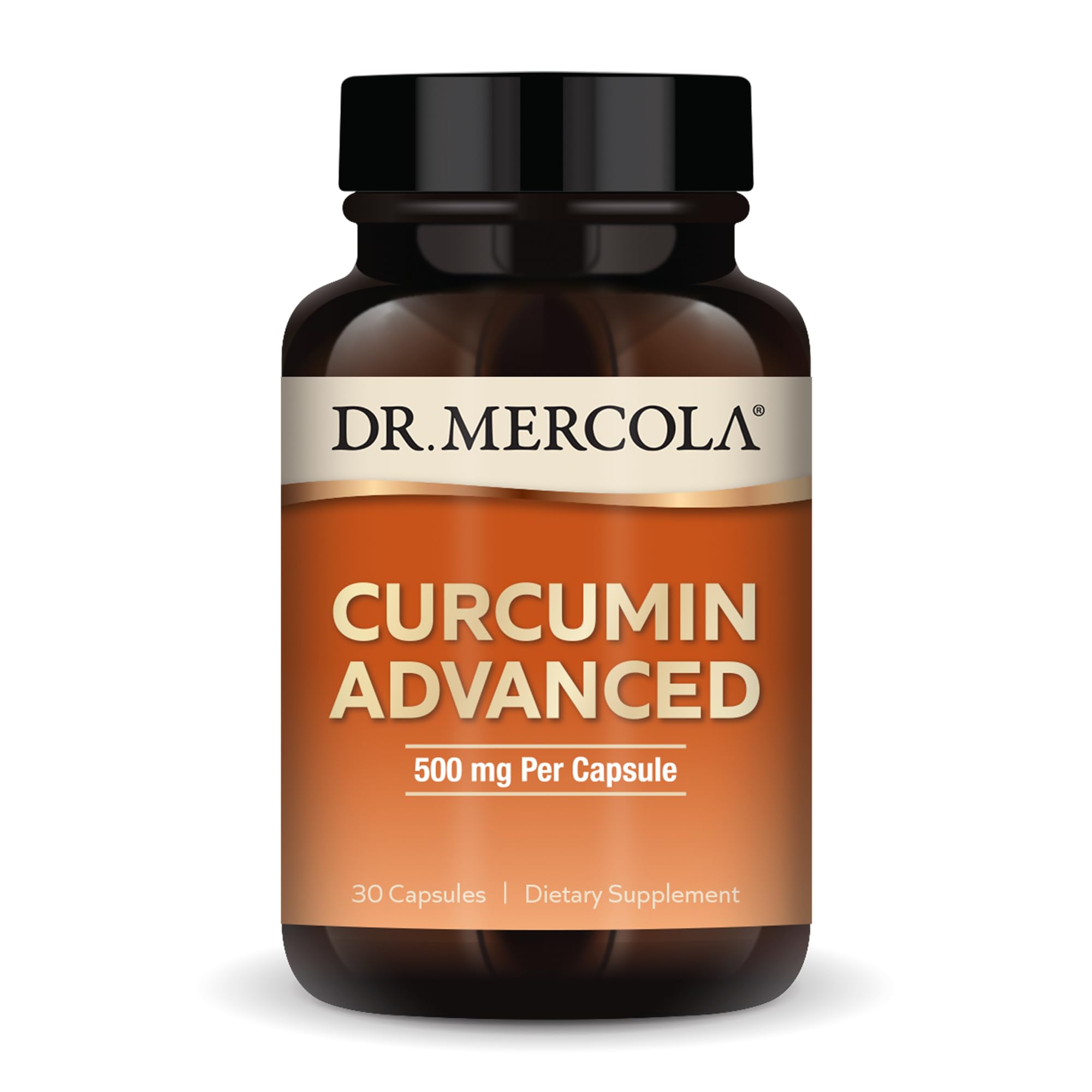 Dr. Mercola Curcumin Advanced, bouteille, soutien potentiel pour vision et clarté mentale.