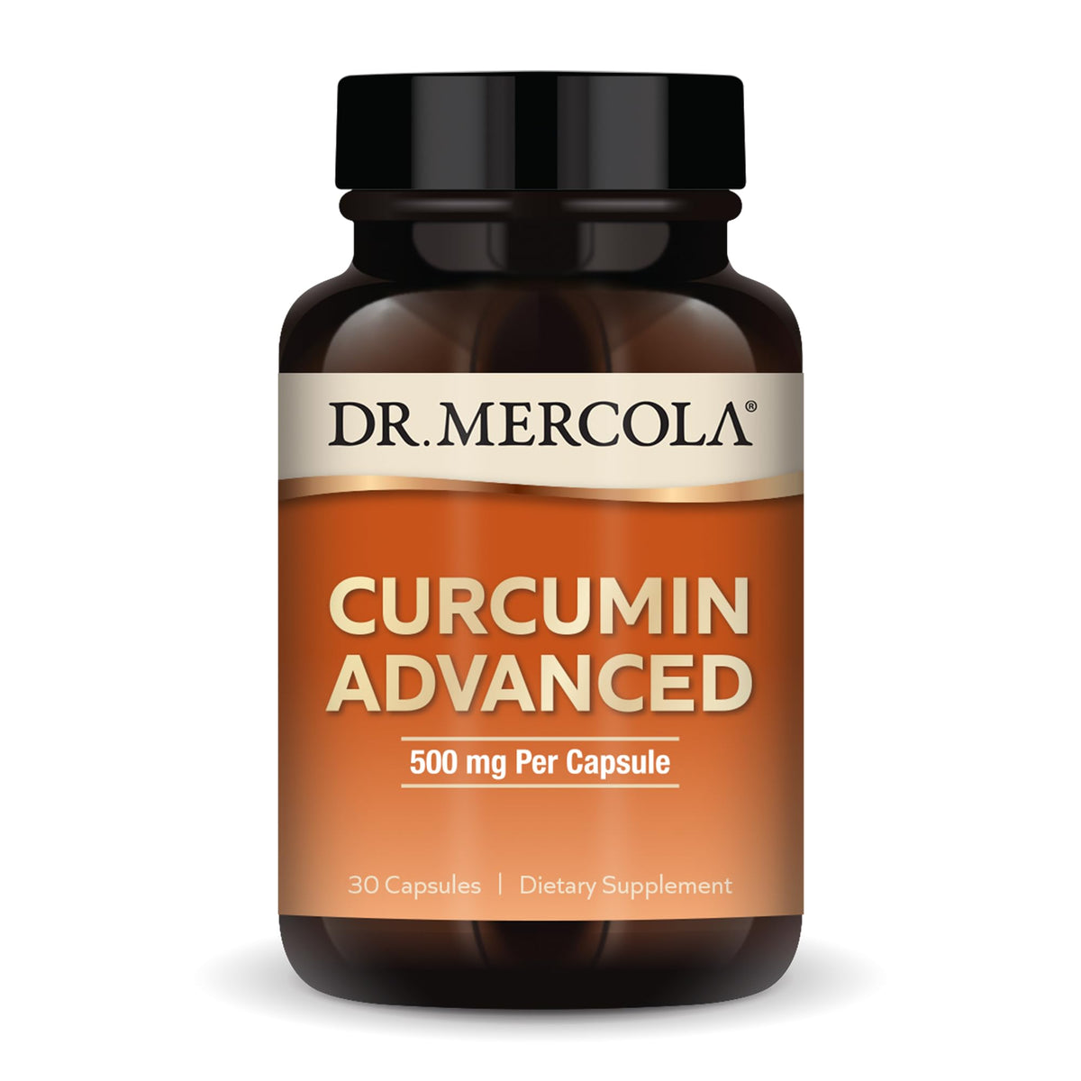 Dr. Mercola Curcumin Advanced, bouteille, soutien potentiel pour vision et clarté mentale.