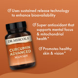 Dr. Mercola Curcumin Advanced, étiquette, détails sur les curcuminoïdes à 95%.