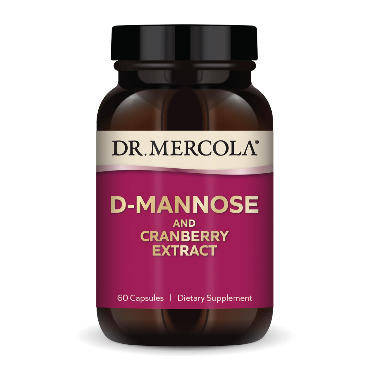 Bouteille Dr. Mercola D-Mannose et Cranberry pour soutenir l'appareil urinaire.