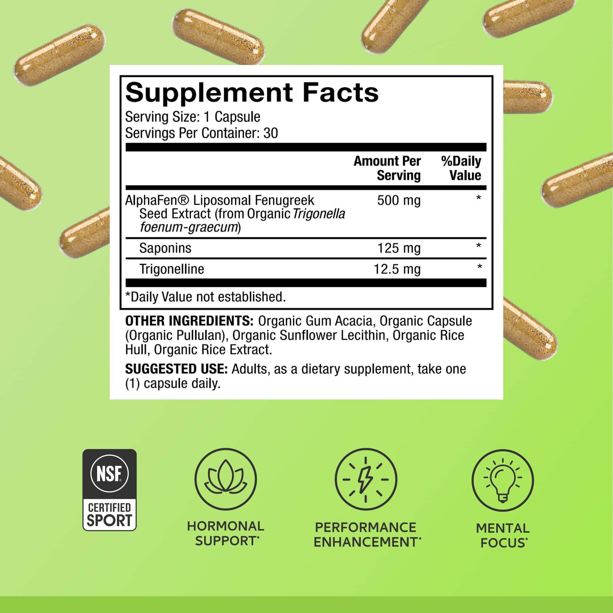 Dr. Mercola Pure Power Liposomal Fenugrec, technologie liposomale avancée pour meilleure absorption des bioactifs.