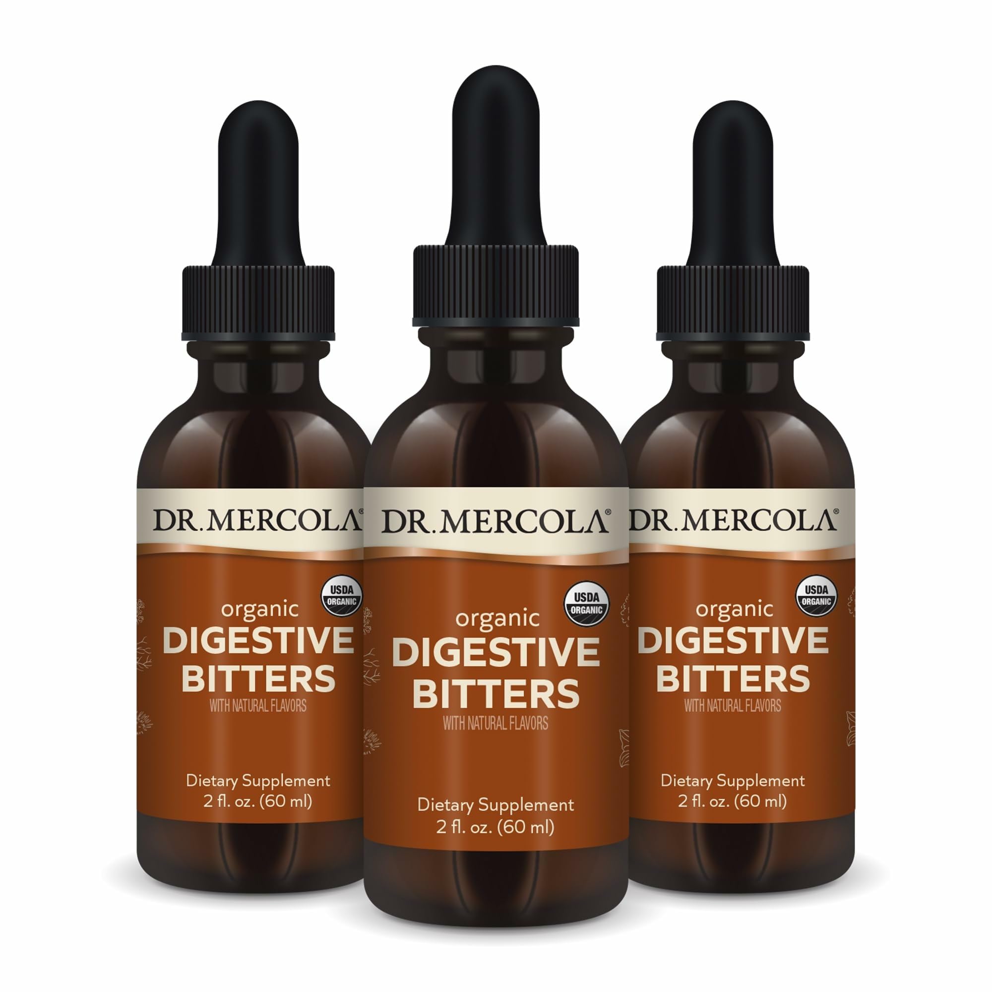 Dr. Mercola Digestive Bitters : flacon 60 ml prêt pour une routine digestive naturelle.