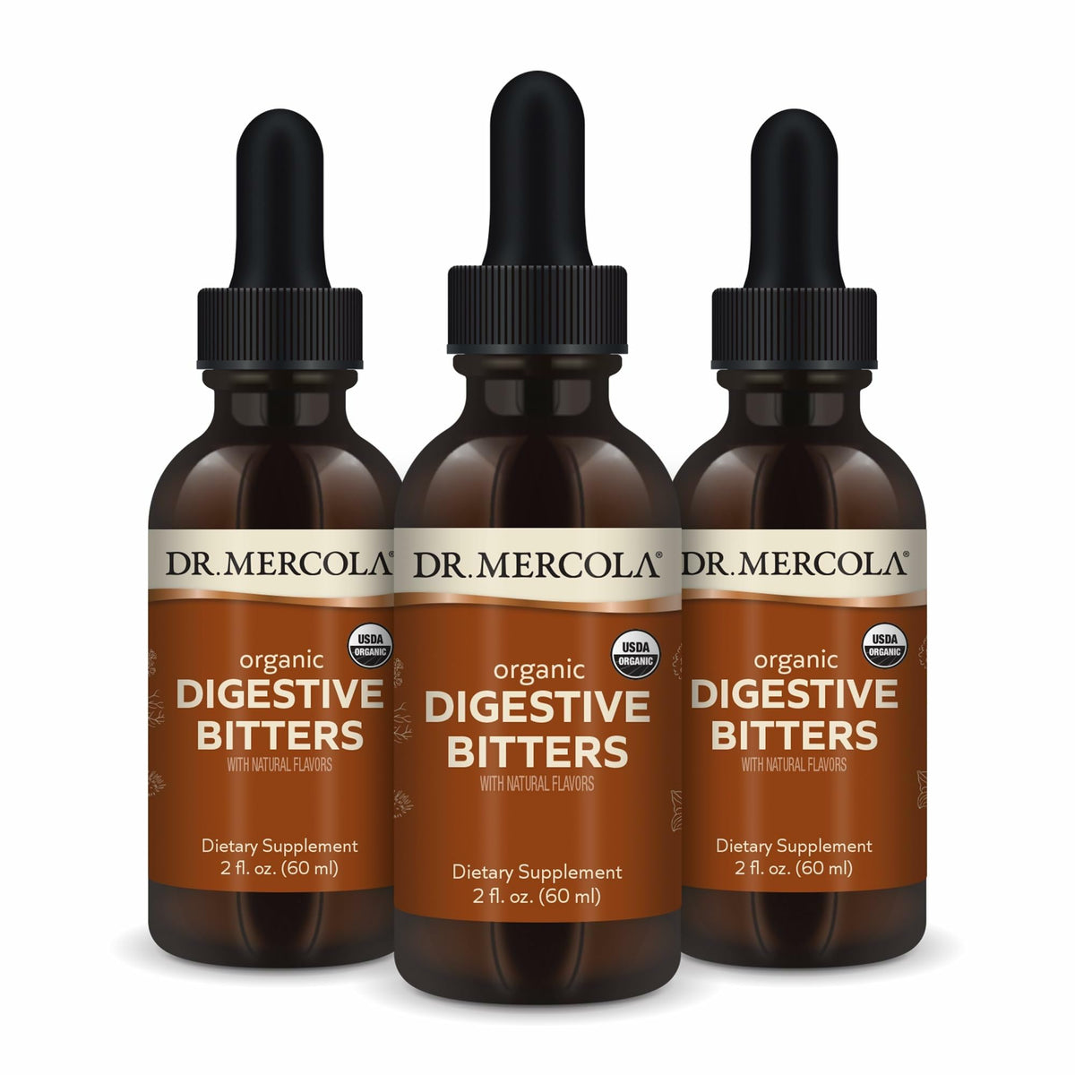 Dr. Mercola Digestive Bitters : flacon 60 ml prêt pour une routine digestive naturelle.