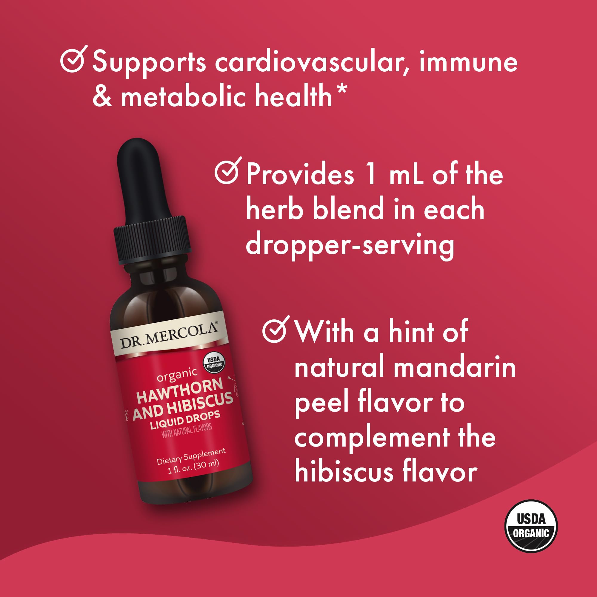 Dr. Mercola Étiquette Bouteille Gouttes Aubépine Hibiscus Bio Mandarine - ingrédients certifiés.