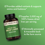 Dr. Mercola étiquette foie boeuf séché, informations claires et traçabilité.