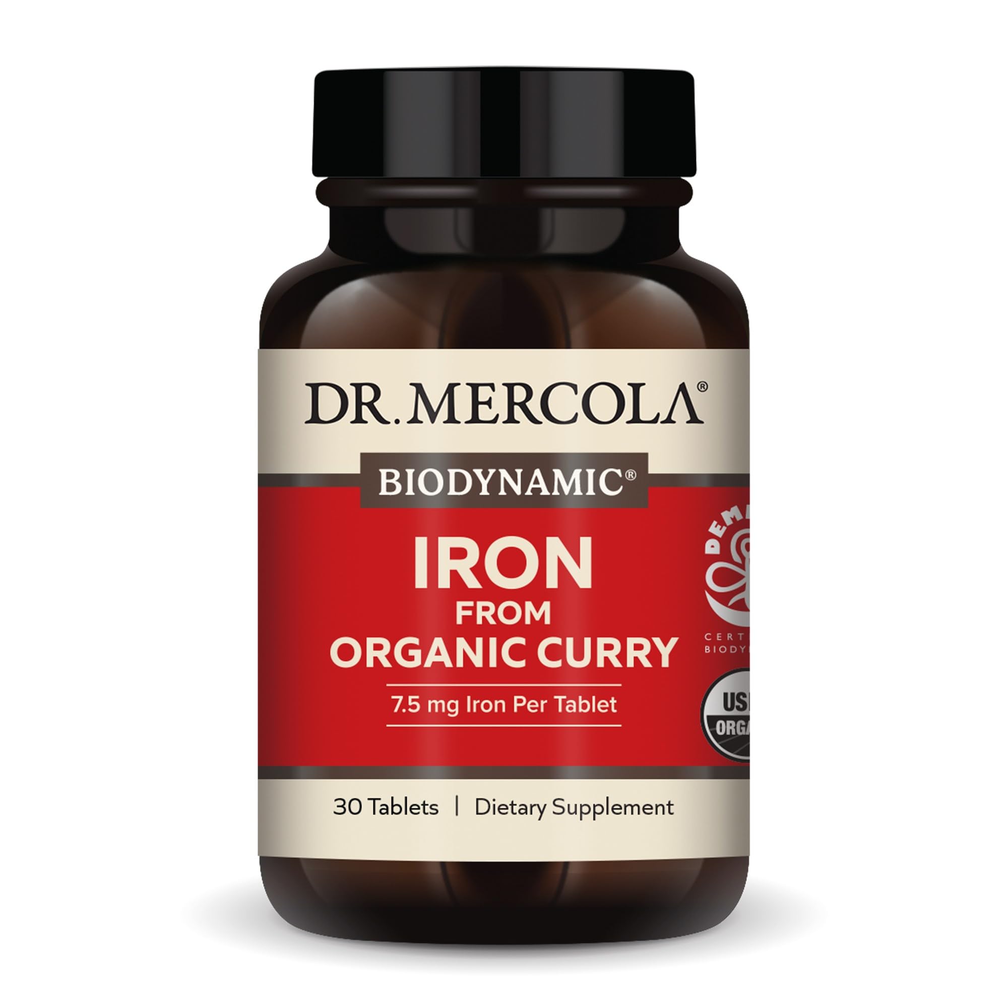 Dr. Mercola Fer Feuilles de Curry Bio, bouteille prête à soutenir énergie naturelle.
