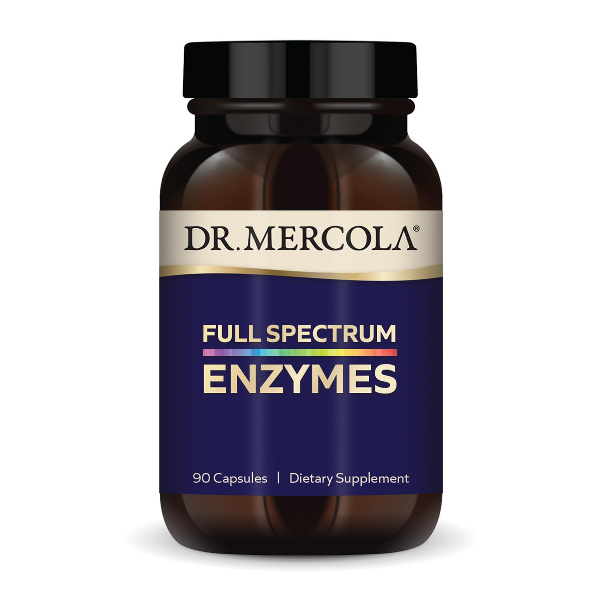 Dr. Mercola Full Spectrum Enzymes – bouteille montrant les capsules et un usage quotidien potentiel.