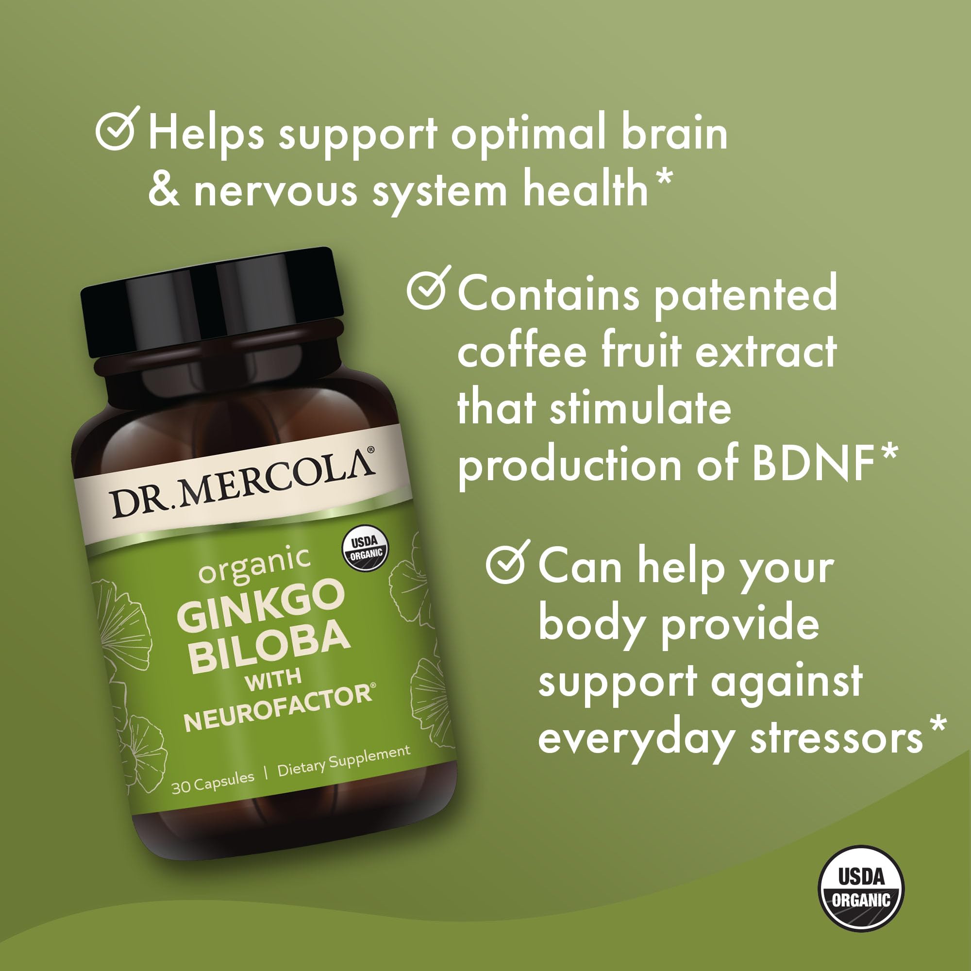Étiquette Dr. Mercola Ginkgo Biloba sur l'emballage avec informations claires sur les ingrédients.