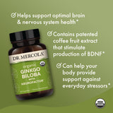 Étiquette Dr. Mercola Ginkgo Biloba sur l'emballage avec informations claires sur les ingrédients.