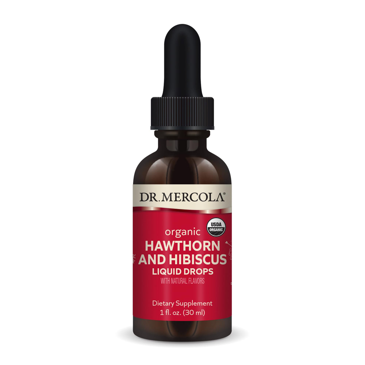 Dr. Mercola Gouttes bio Aubépine Hibiscus mandarine - bouteille élégante et pratique.