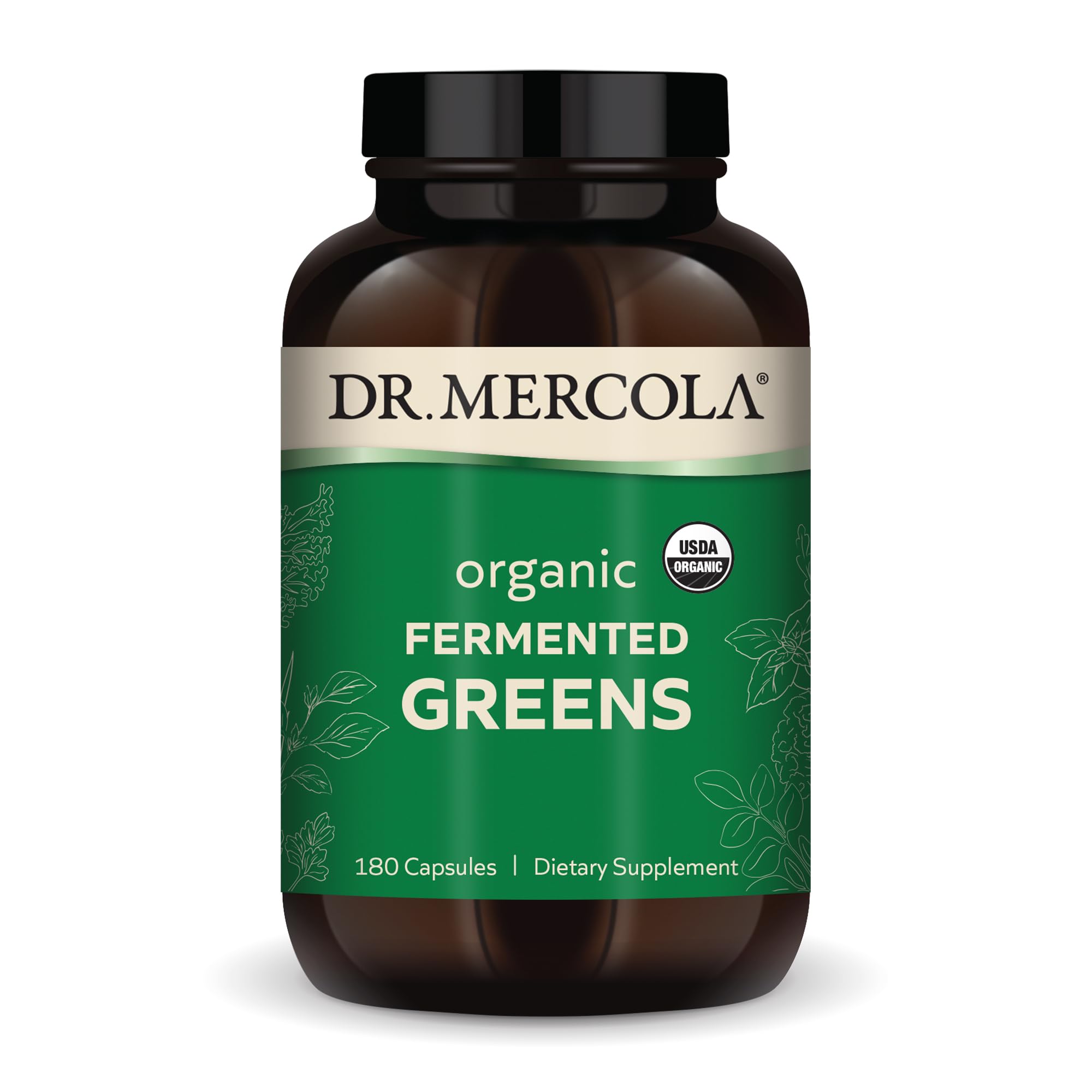 Gélules Dr Mercola Greens fermentés dans une bouteille, soutien pratique pour les apports verts.
