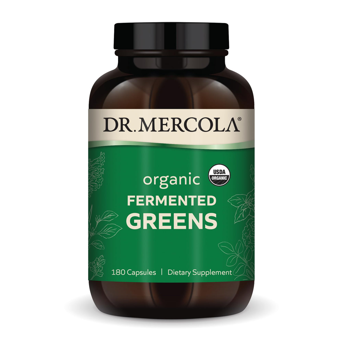 Gélules Dr Mercola Greens fermentés dans une bouteille, soutien pratique pour les apports verts.