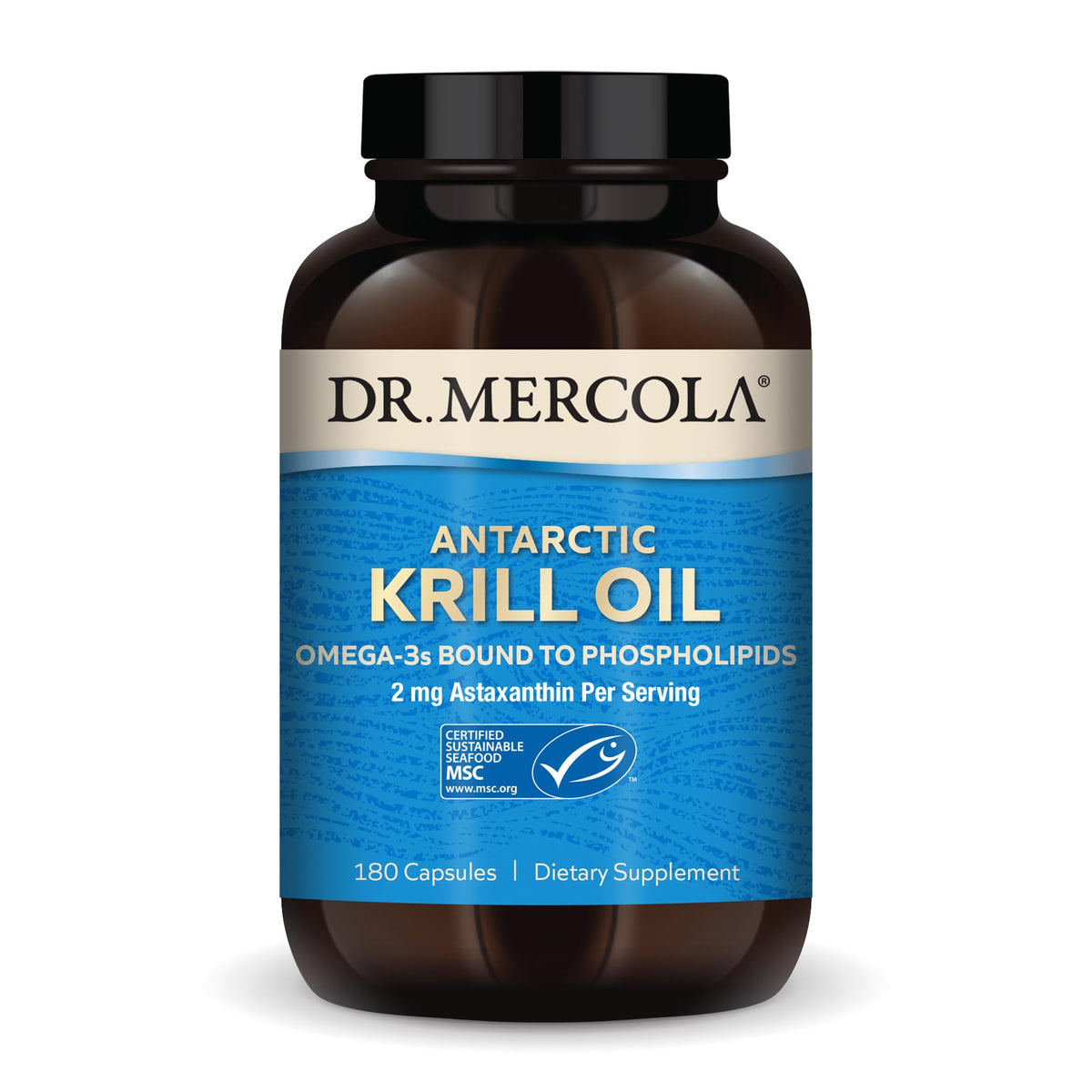 Dr. Mercola huile krill antarctique en bouteille, oméga-3 potentiels pour le quotidien.
