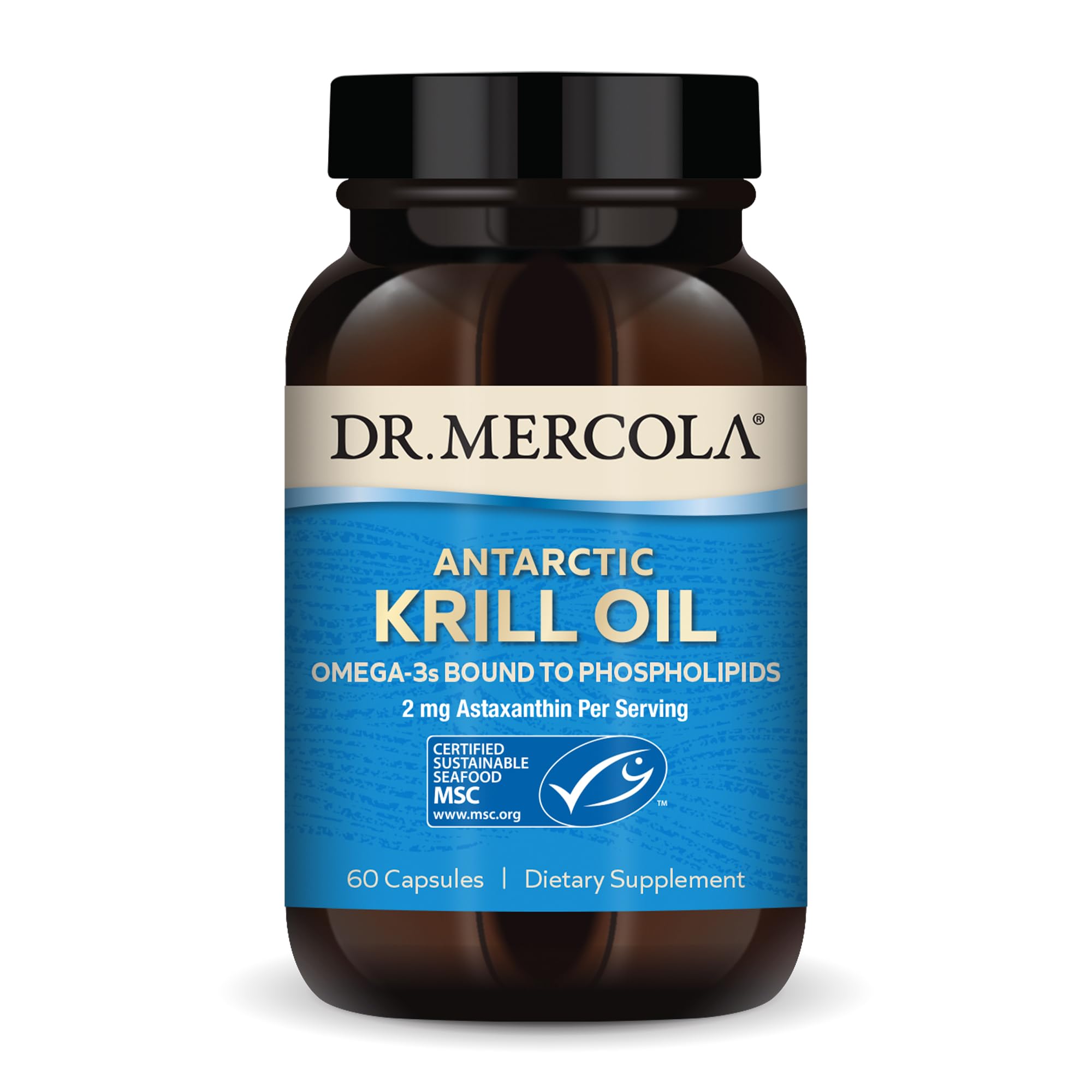 Dr. Mercola huile de krill antarctique, bouteille et capsules, soutien oméga-3 potentiel