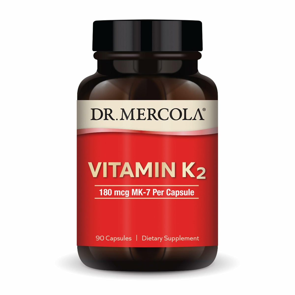 Dr. Mercola K2 180 mcg – bouteille montrant la formule haute absorption soutenant os et artères.