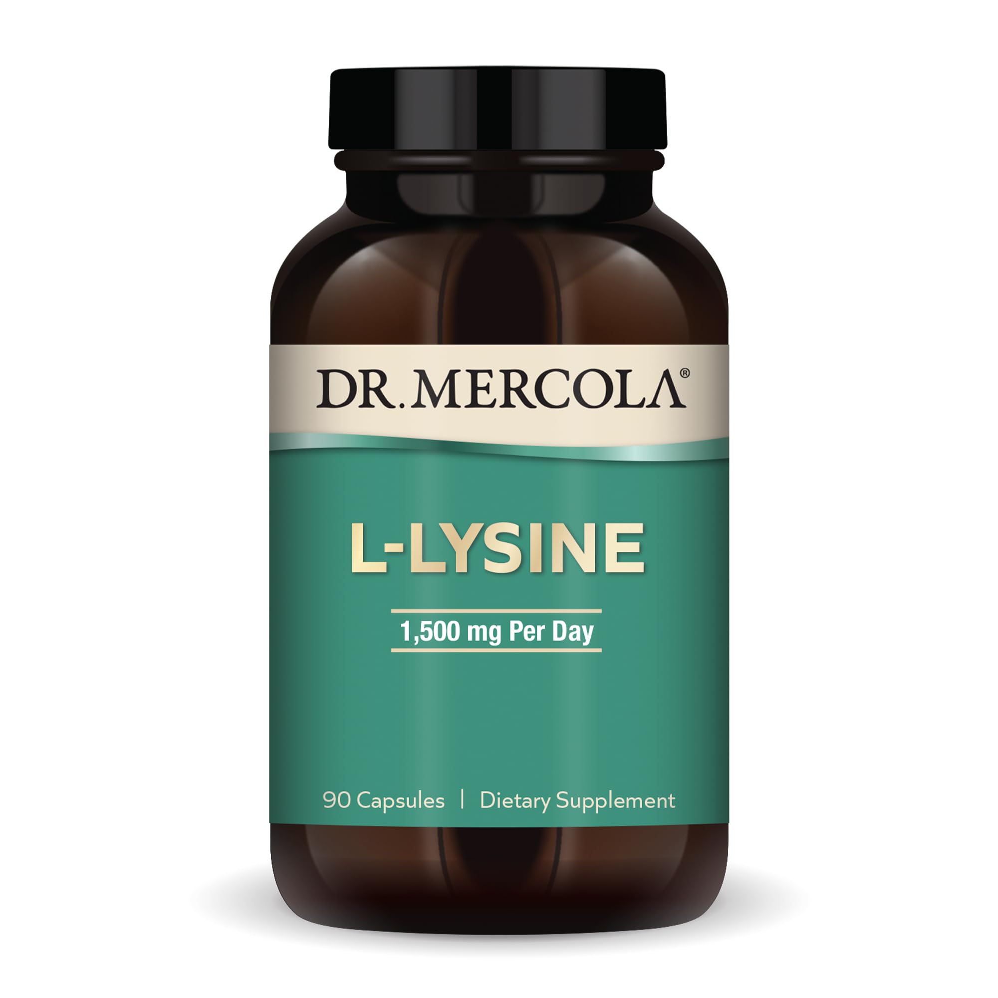 Dr. Mercola L-Lysine: bouteille de 90 capsules prête pour usage quotidien.