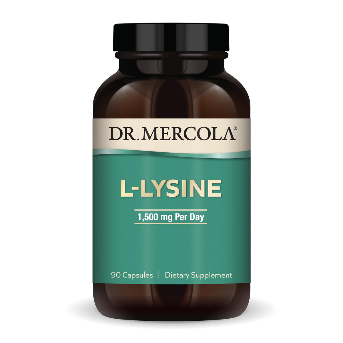Dr. Mercola L-Lysine: bouteille de 90 capsules prête pour usage quotidien.