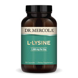 Dr. Mercola L-Lysine: bouteille de 90 capsules prête pour usage quotidien.