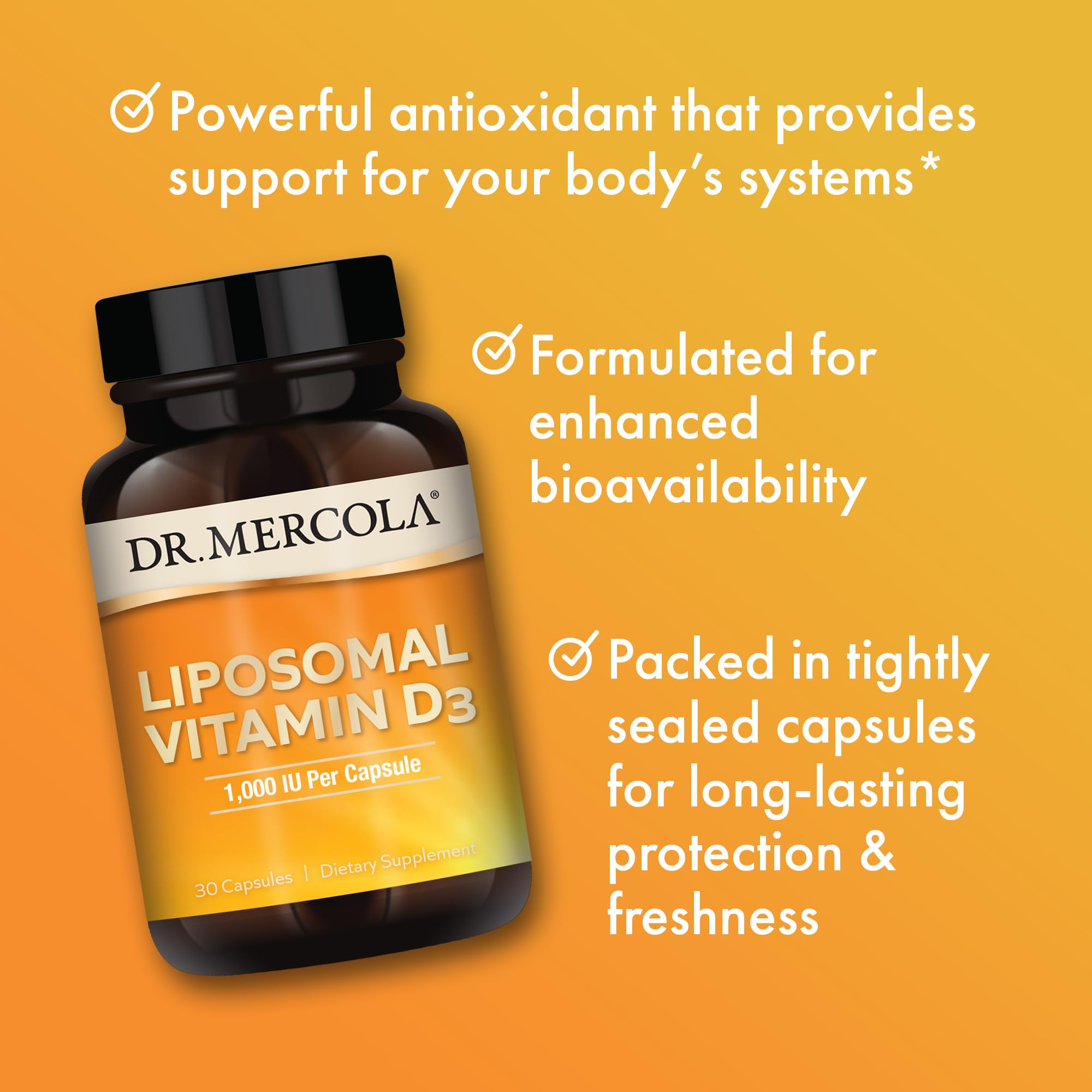 Dr Mercola Liposomale D3, étiquette sans gluten et sans soja.