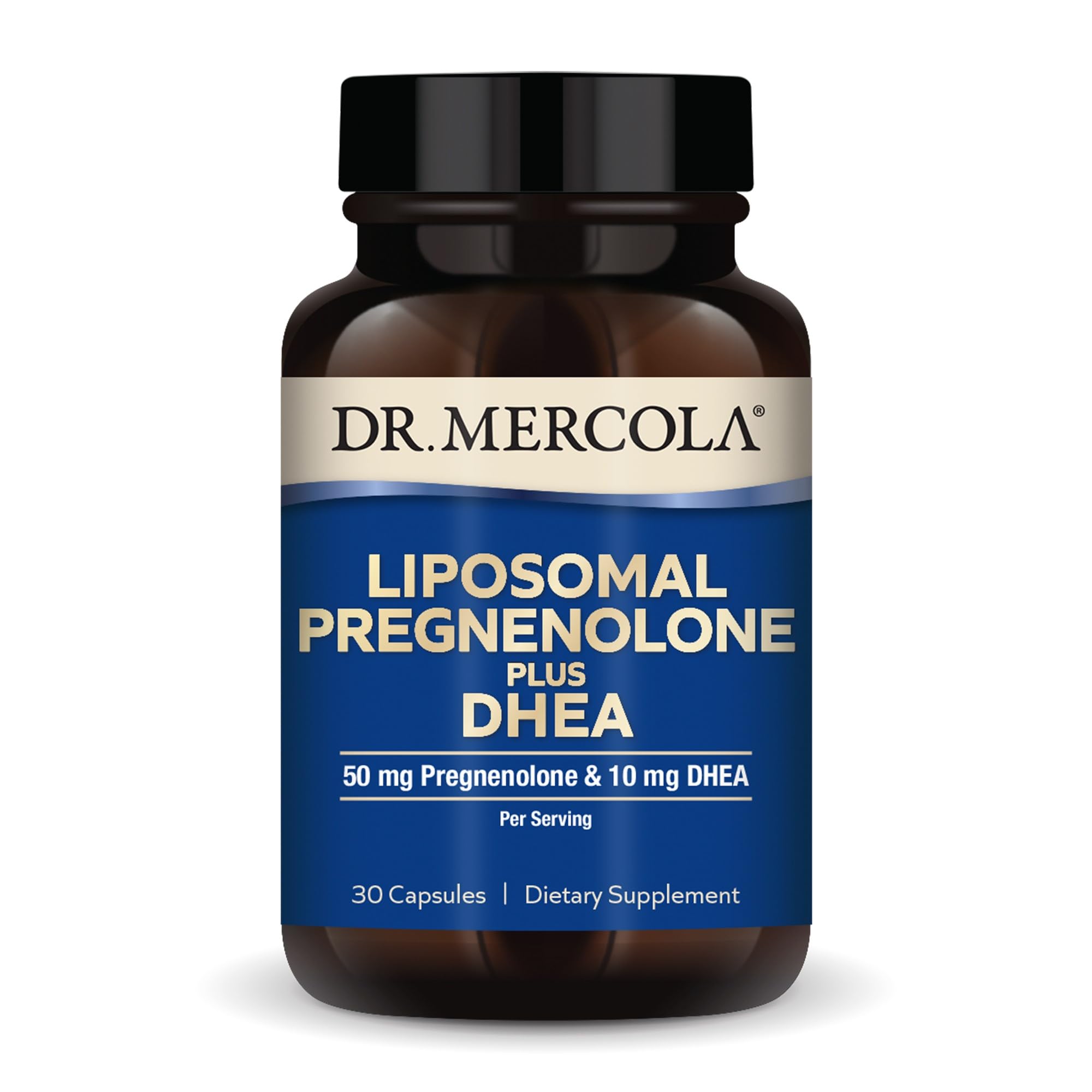 Dr. Mercola Liposomal Pregnenolone Plus DHEA — Bouteille, soutien hormonal potentiel