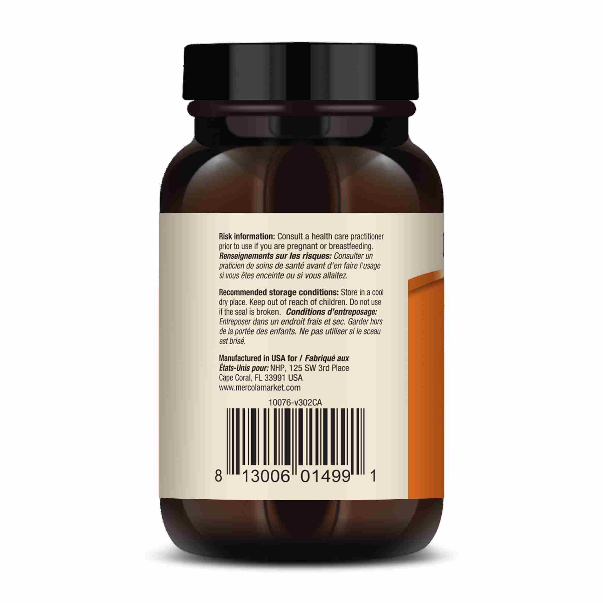 Dr. Mercola Liposomal Vitamin C, emballage indiquant sans OGM et sans gluten