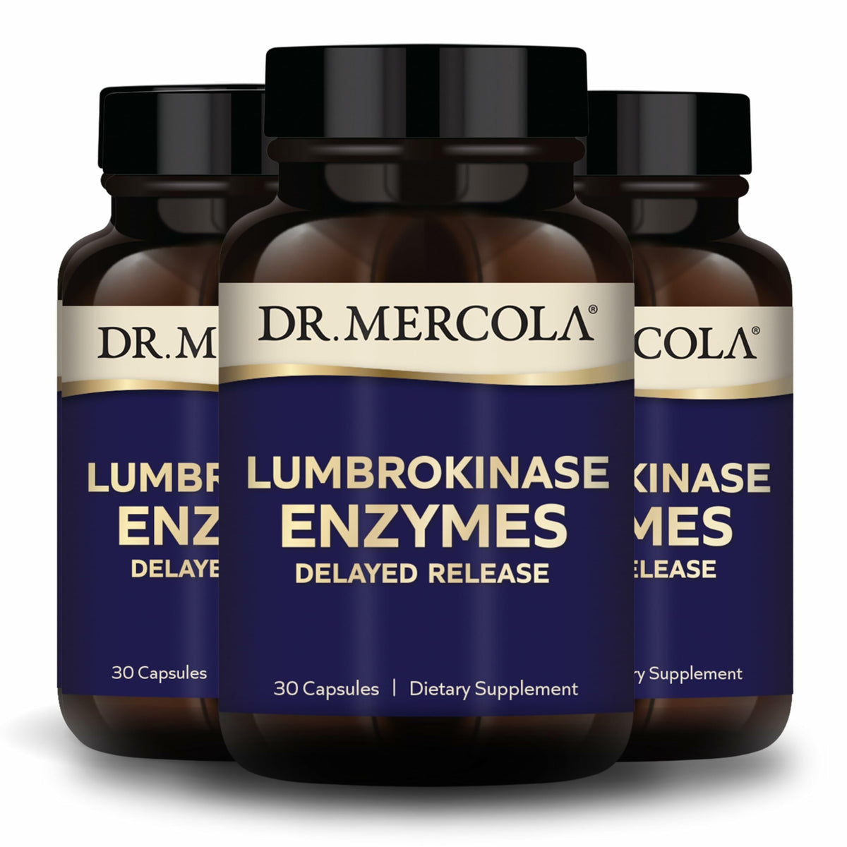 Boîte Dr. Mercola Lumbrokinase Enzymes, emballage pratique pour utilisation quotidienne.