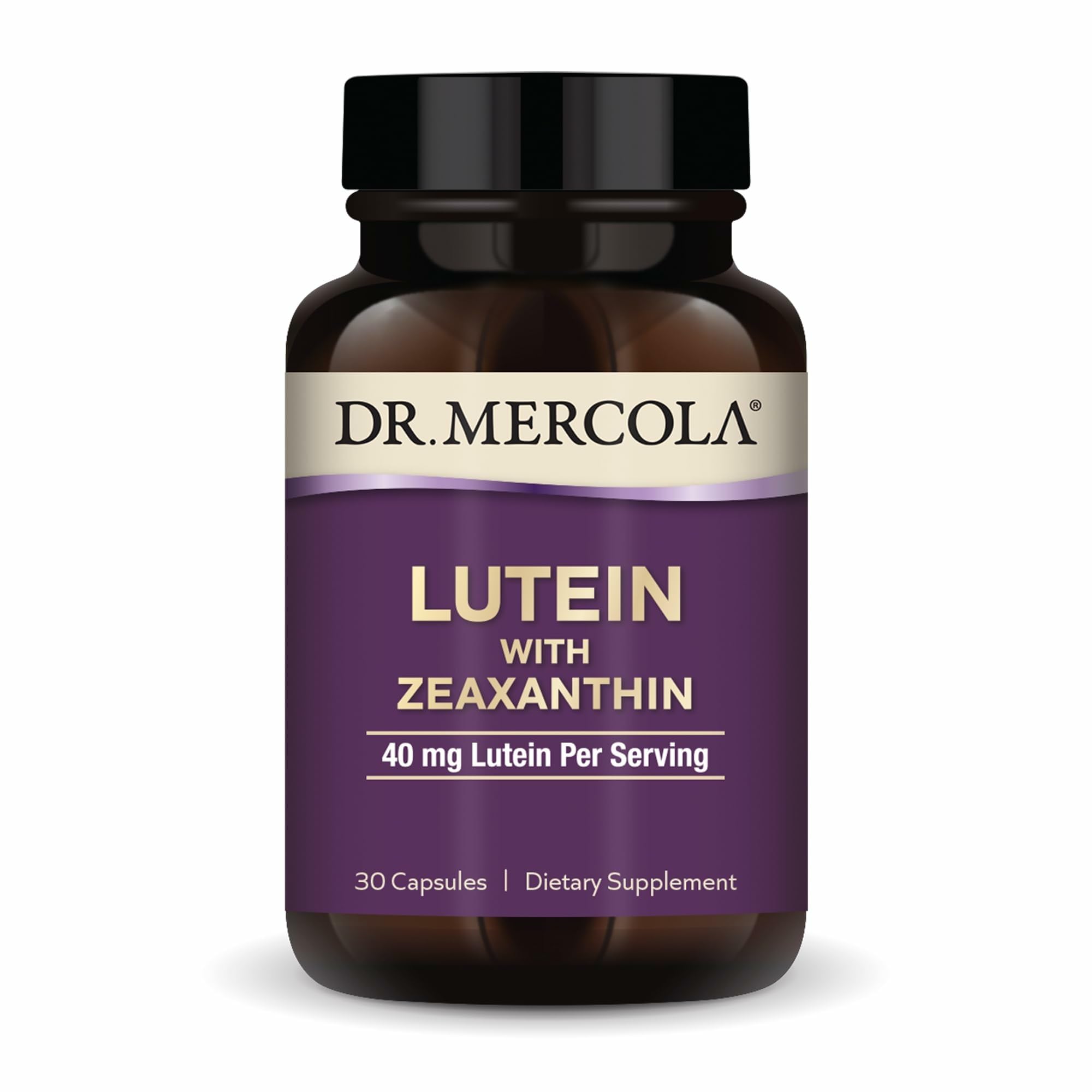 Bouteille Dr. Mercola Lutein Zeaxanthine pour un soutien visuel potentiel.