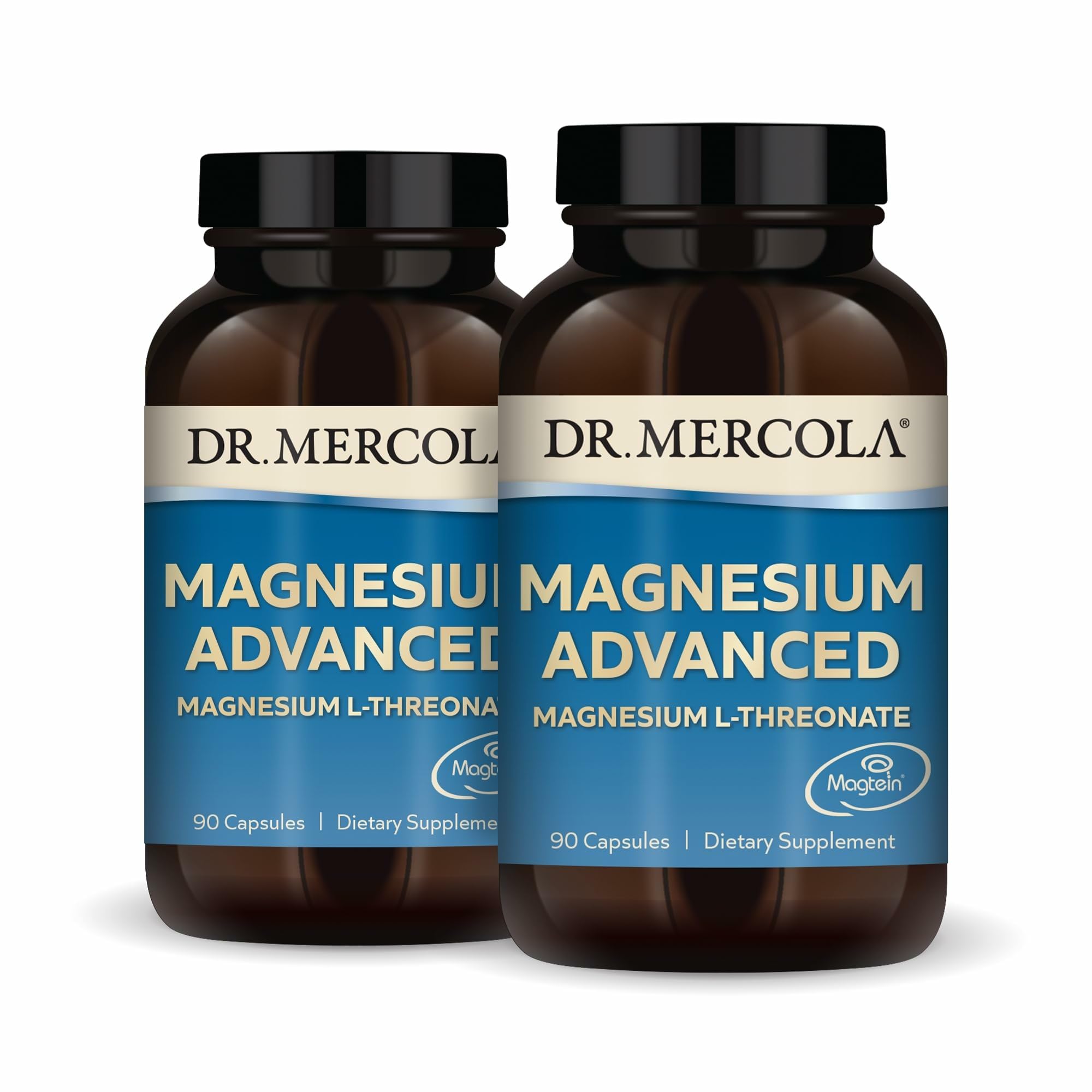 Dr. Mercola Magnesium Advanced — bouteille et bouchon, pratique pour favoriser la concentration et le repos.