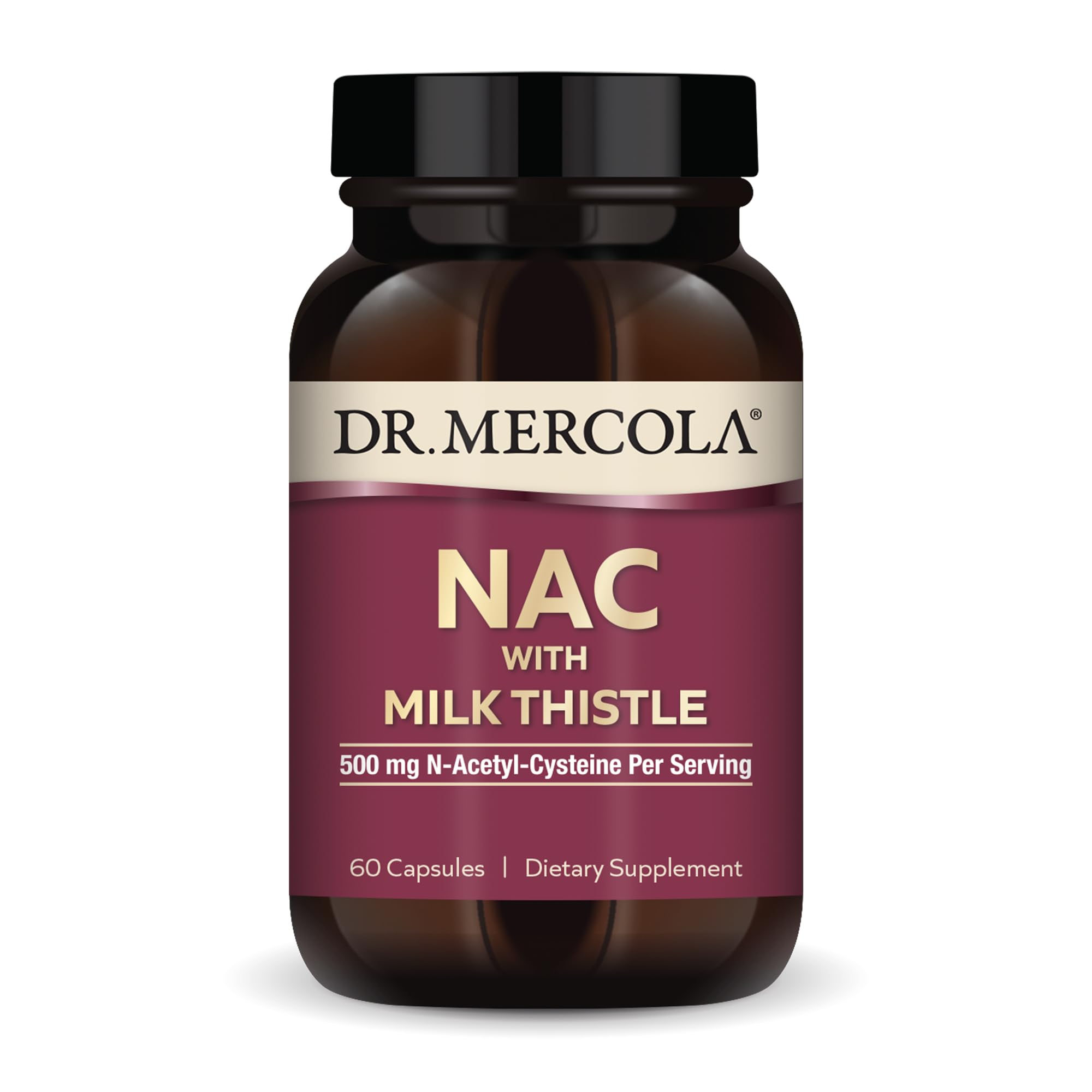 Dr. Mercola NAC avec chardon-Marie – bouteille illustrant l’emballage et le format pratique