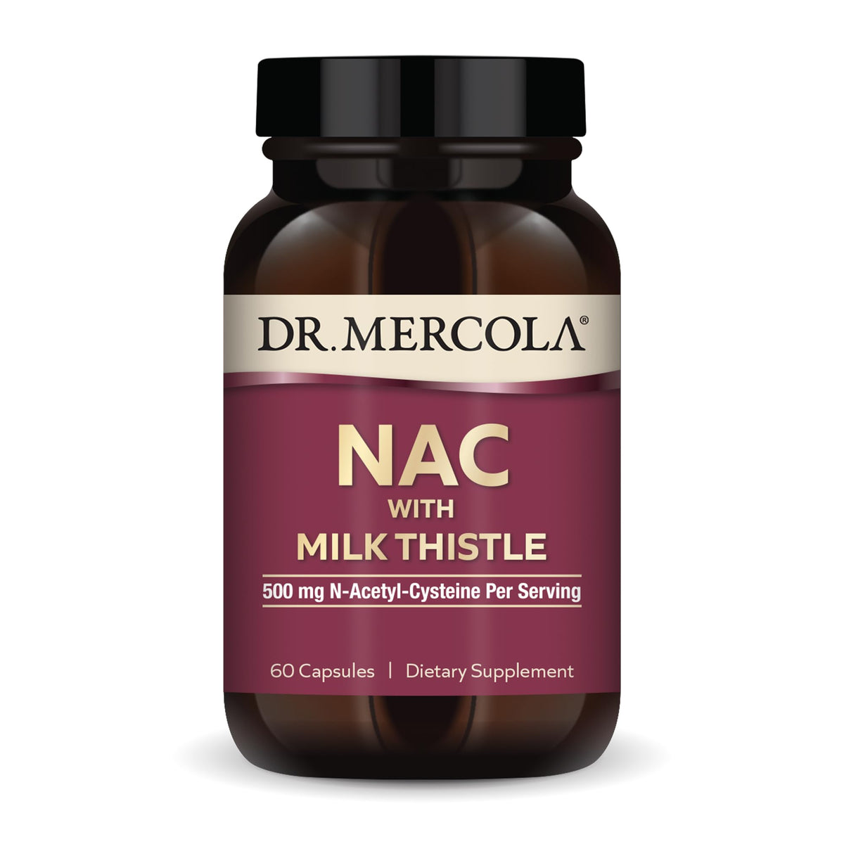Dr. Mercola NAC avec chardon-Marie – bouteille illustrant l’emballage et le format pratique