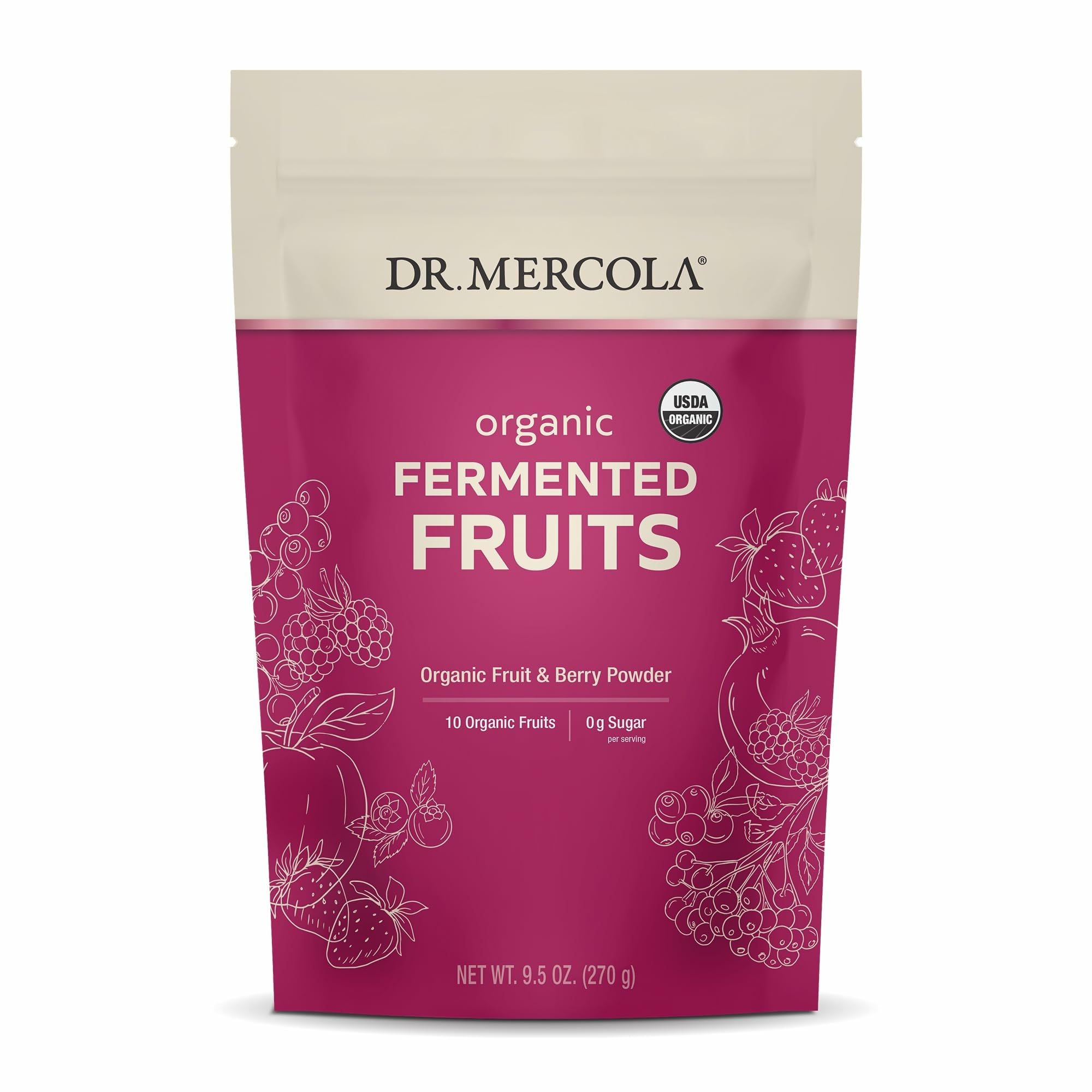 Dr. Mercola Organic Fermented Fruits, bouteille 270 g, pratique et riche en fruits fermentés.
