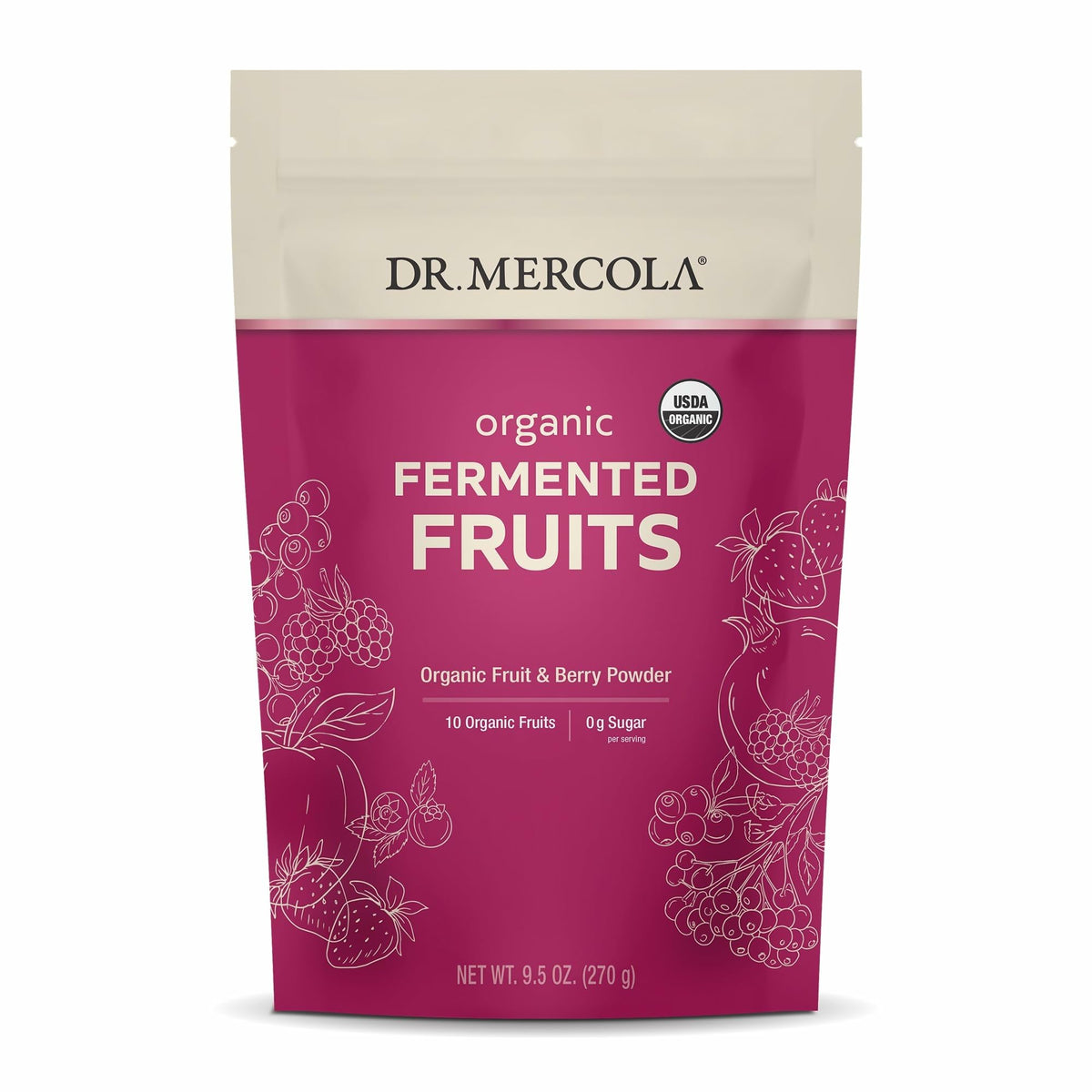 Dr. Mercola Organic Fermented Fruits, bouteille 270 g, pratique et riche en fruits fermentés.