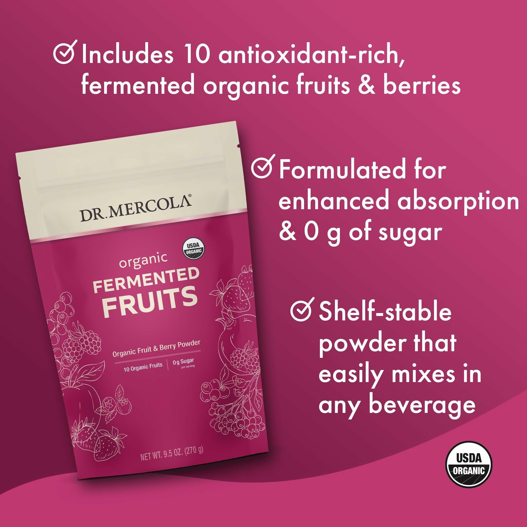 Dr. Mercola Organic Fermented Fruits, ingrédients fermentés biologiques pour soutenir la digestion.