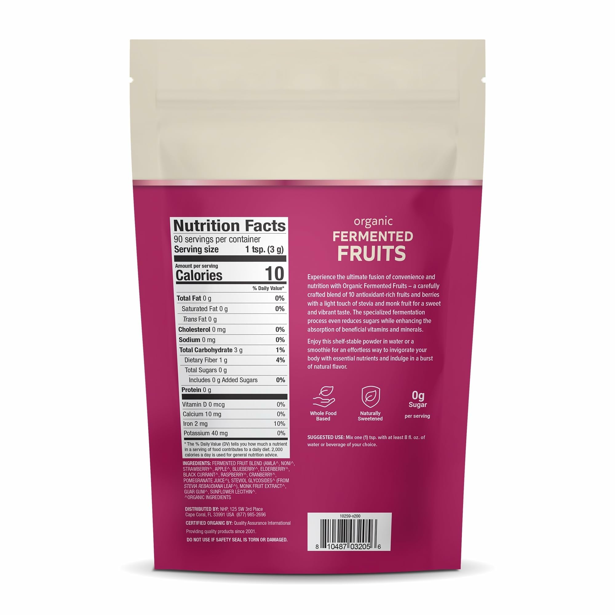 Dr. Mercola Organic Fermented Fruits, étiquette bio certifiée et sans OGM.