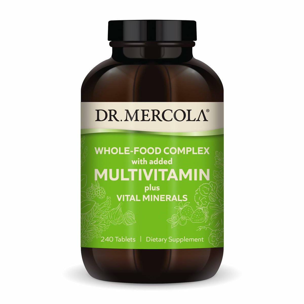 Bouteille Dr. Mercola Premium Multivitamine pour un usage quotidien pratique.