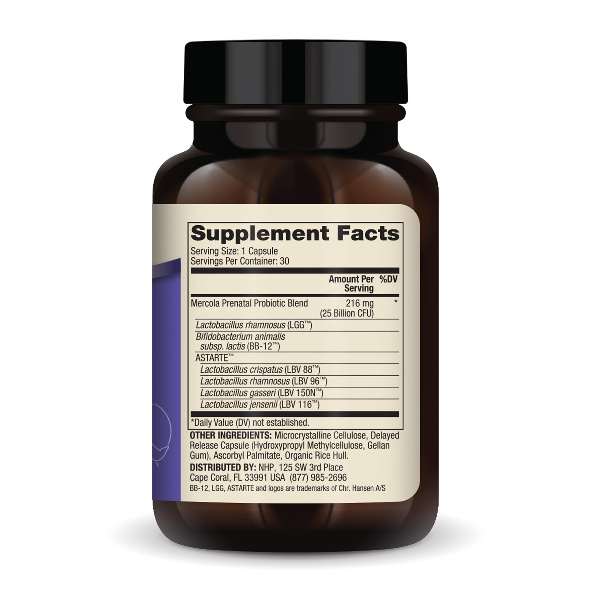 Étiquette de Dr. Mercola Prenatal Complete Probiotics avec informations claires.