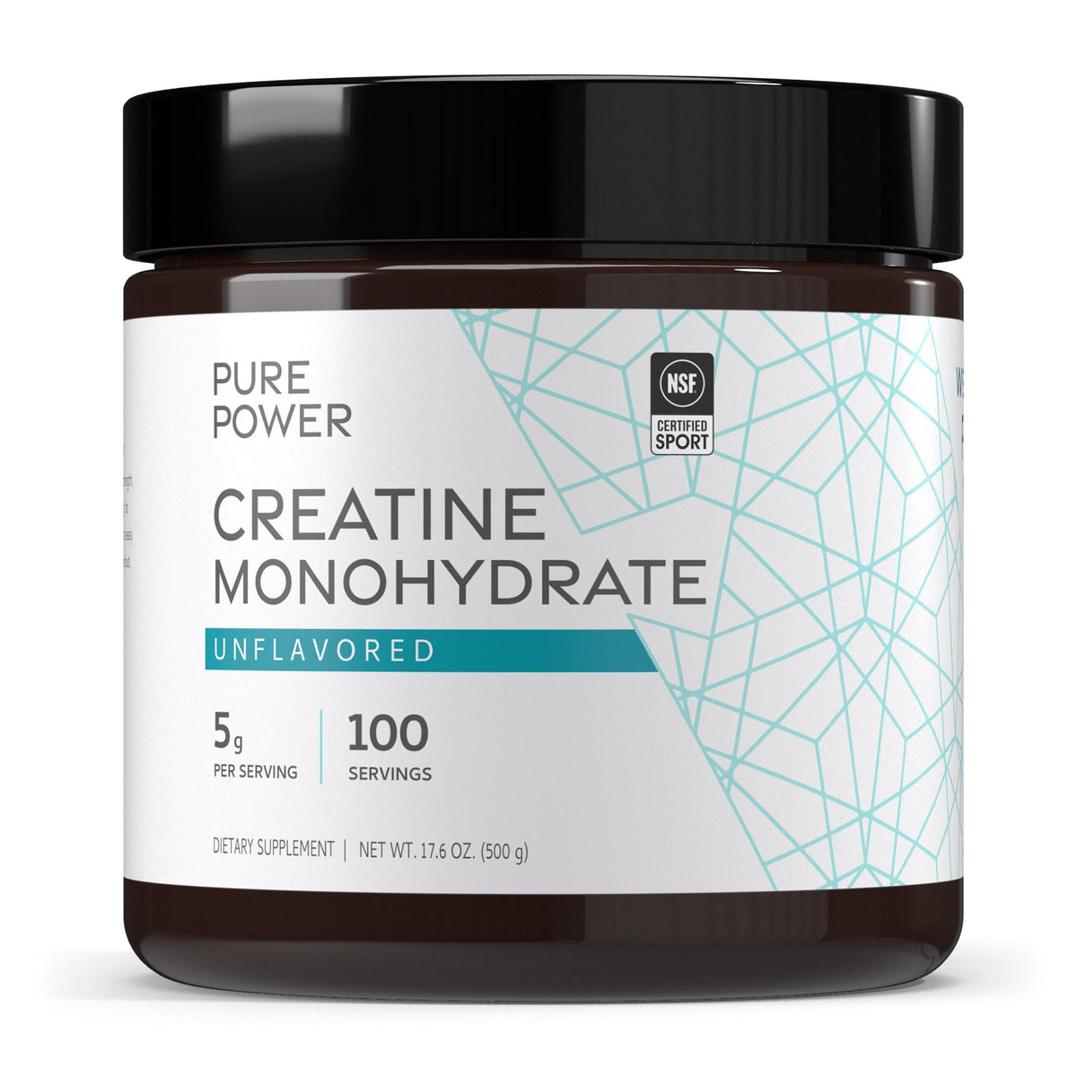 Dr. Mercola Pure Power Creatine Monohydrate en bouteille, soutien potentiel à la force lors d’entraînements intenses.