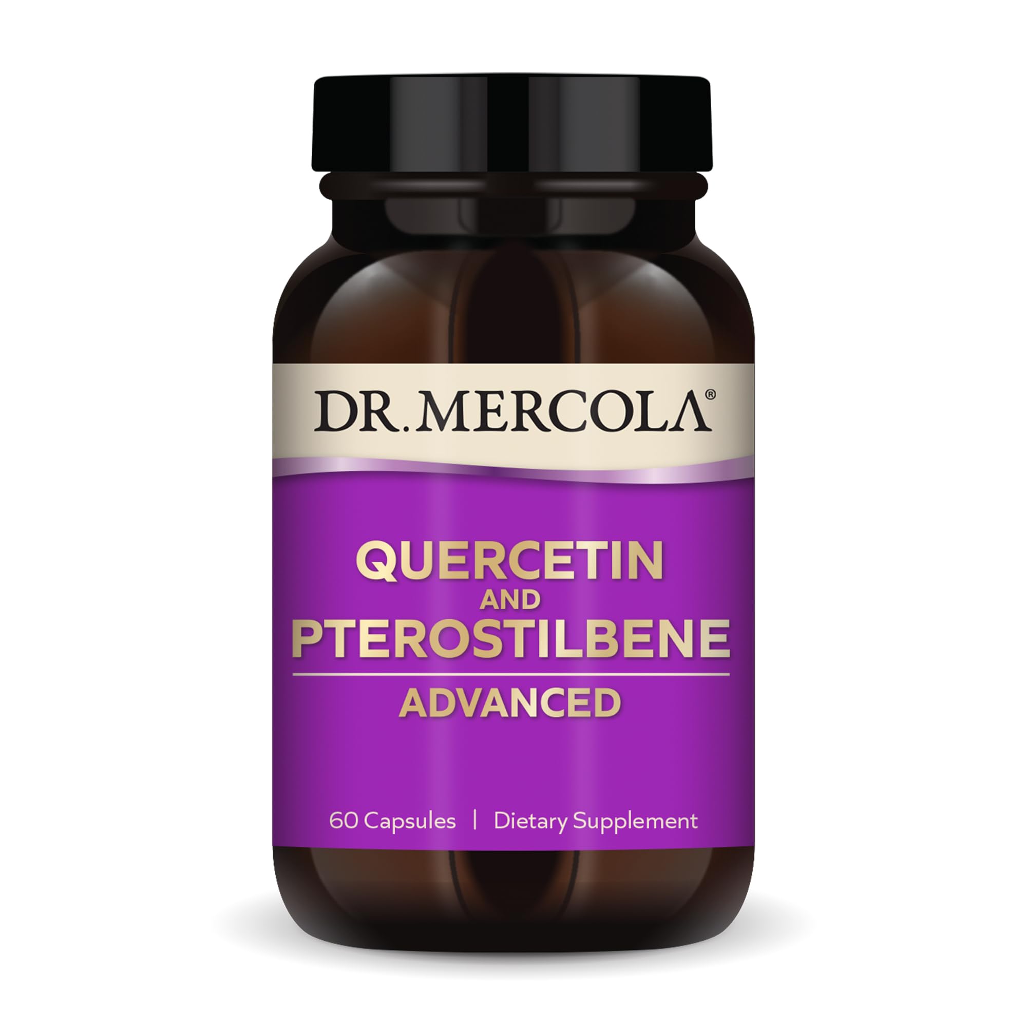 Dr. Mercola Quercetine Pterostilbene : bouteille présentant la formule à haute biodisponibilité.