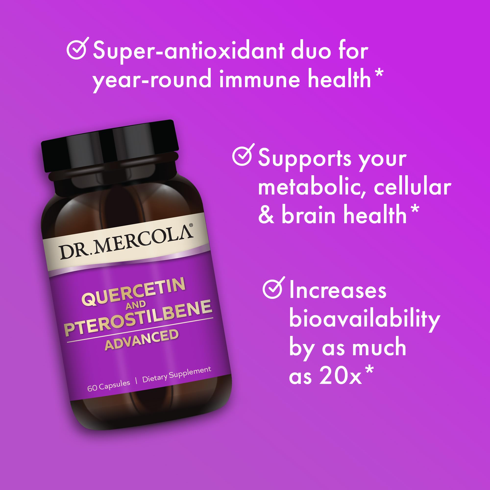 Dr. Mercola Quercetine Pterostilbene — emballage carton rappelant non-OGM, sans gluten et sans soja.