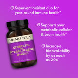 Dr. Mercola Quercetine Pterostilbene — emballage carton rappelant non-OGM, sans gluten et sans soja.