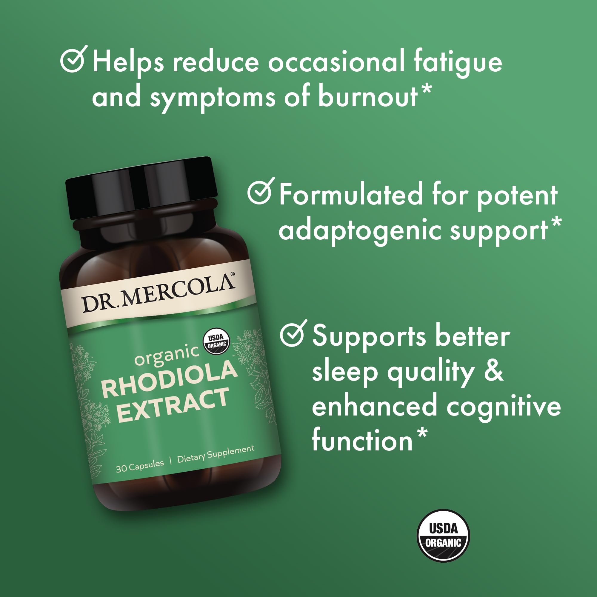 Dr. Mercola Rhodiola Extract – logo USDA Organic sur l'emballage